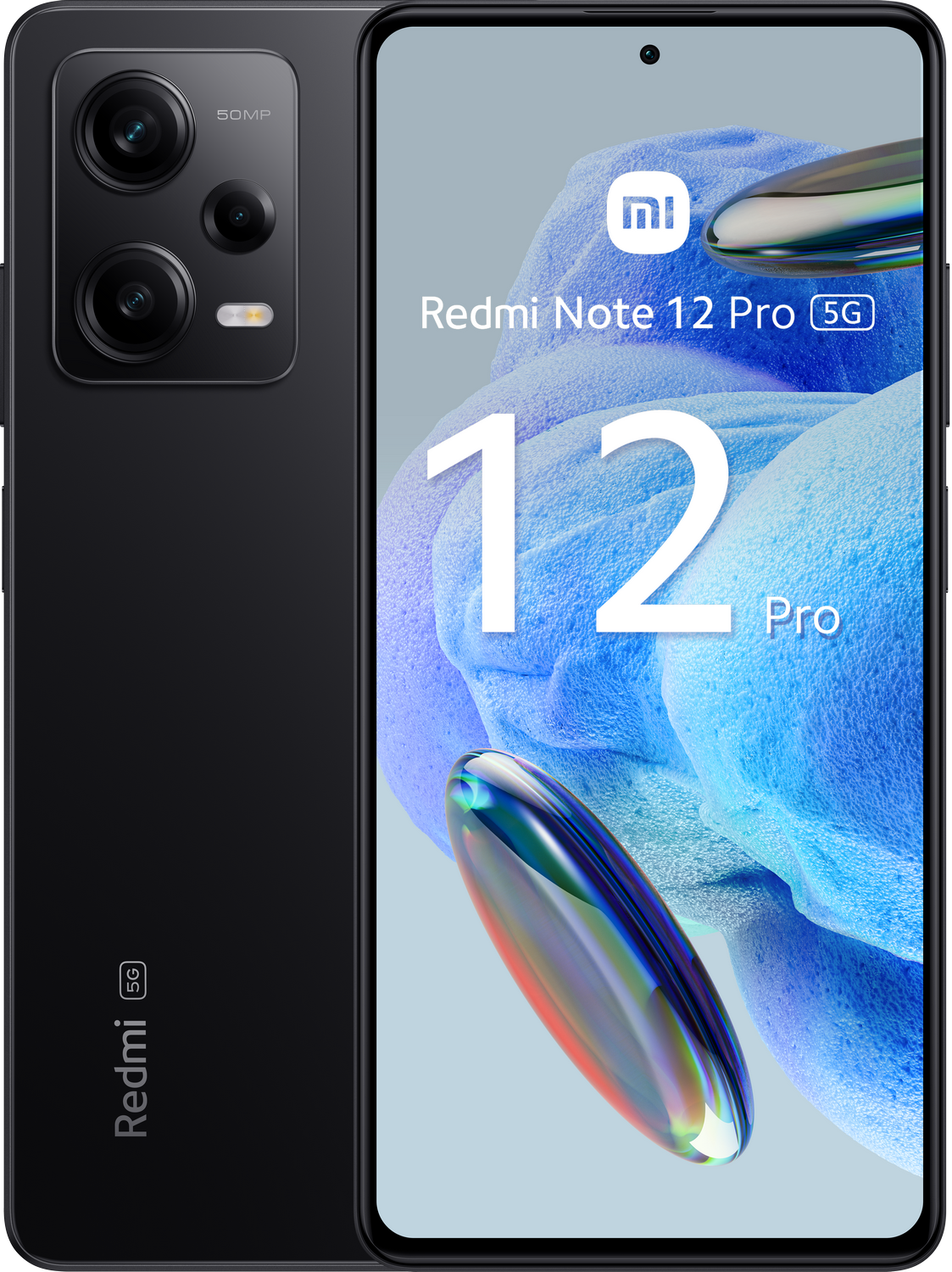 Smartphone negro, mostrando una pantalla con un gráfico azul y verde. La parte trasera tiene cámaras.