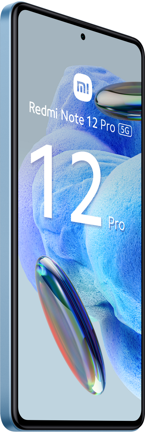 Smartphone azul Redmi Note 12 Pro 5G de perfil, con la pantalla hacia adelante.