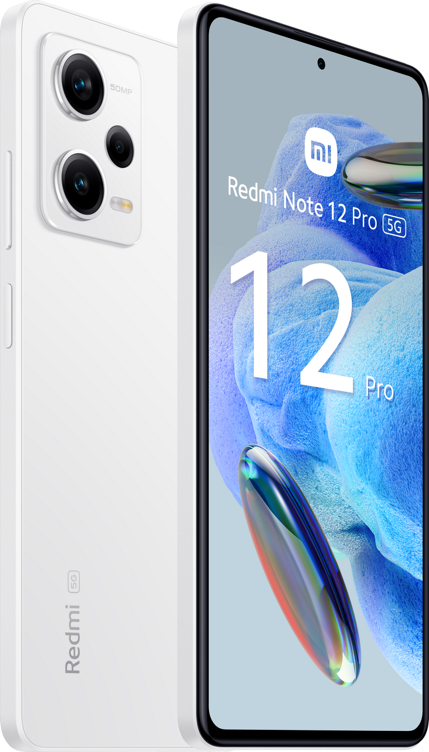 Smartphone blanco Xiaomi Redmi Note 12 Pro 5G, mostrando frontal y trasera, con texto y marca.