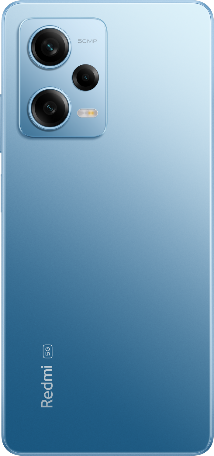 Parte trasera azul del teléfono Redmi 5G con 3 cámaras y el logotipo 'Redmi' en la parte inferior.