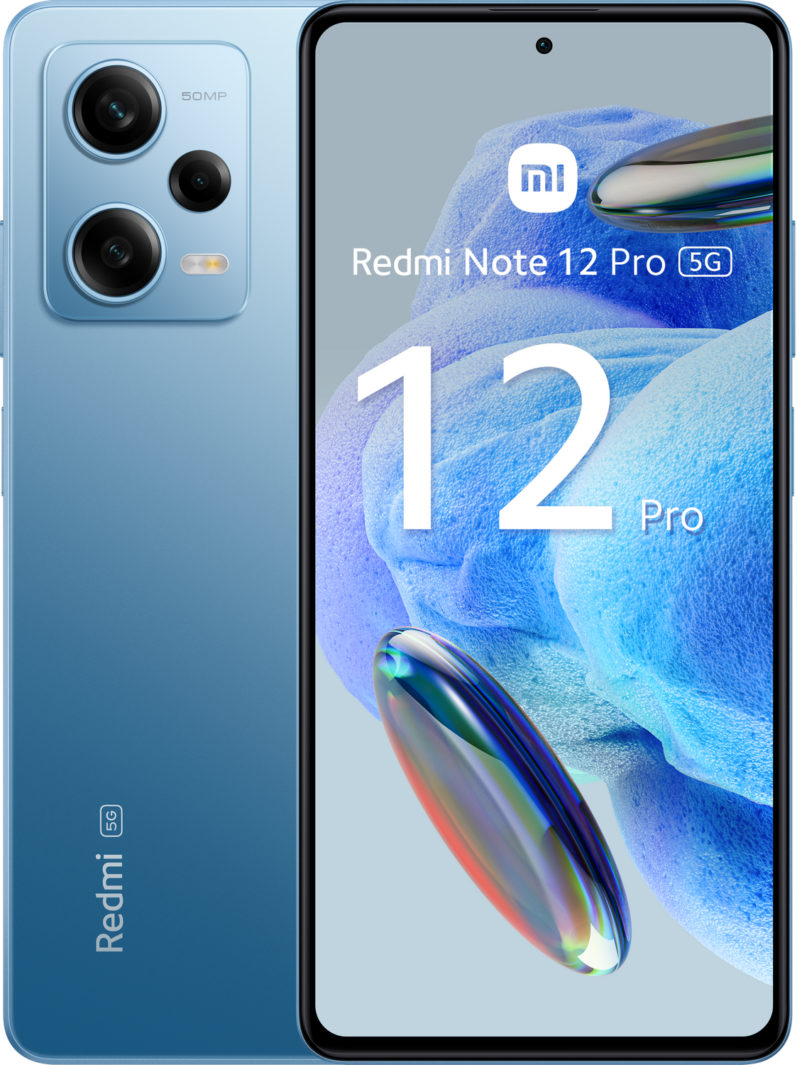 Teléfono Redmi azul. Pantalla grande con texto '12 Pro'. Configuración de triple cámara.