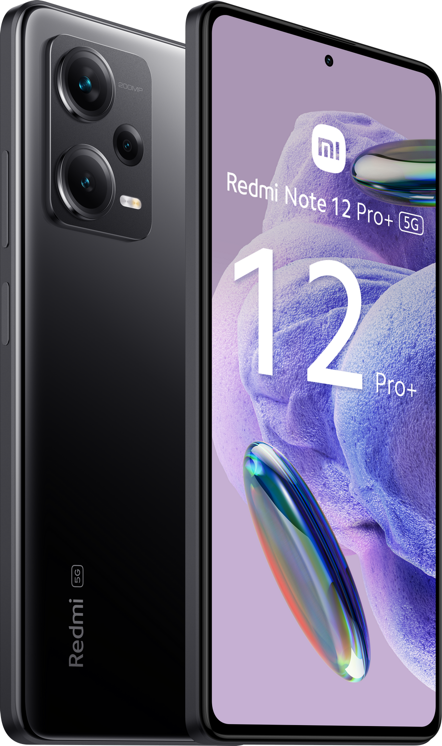 Teléfono negro Redmi Note 12 Pro+ 5G, mostrando la parte trasera y delantera, con pantalla.