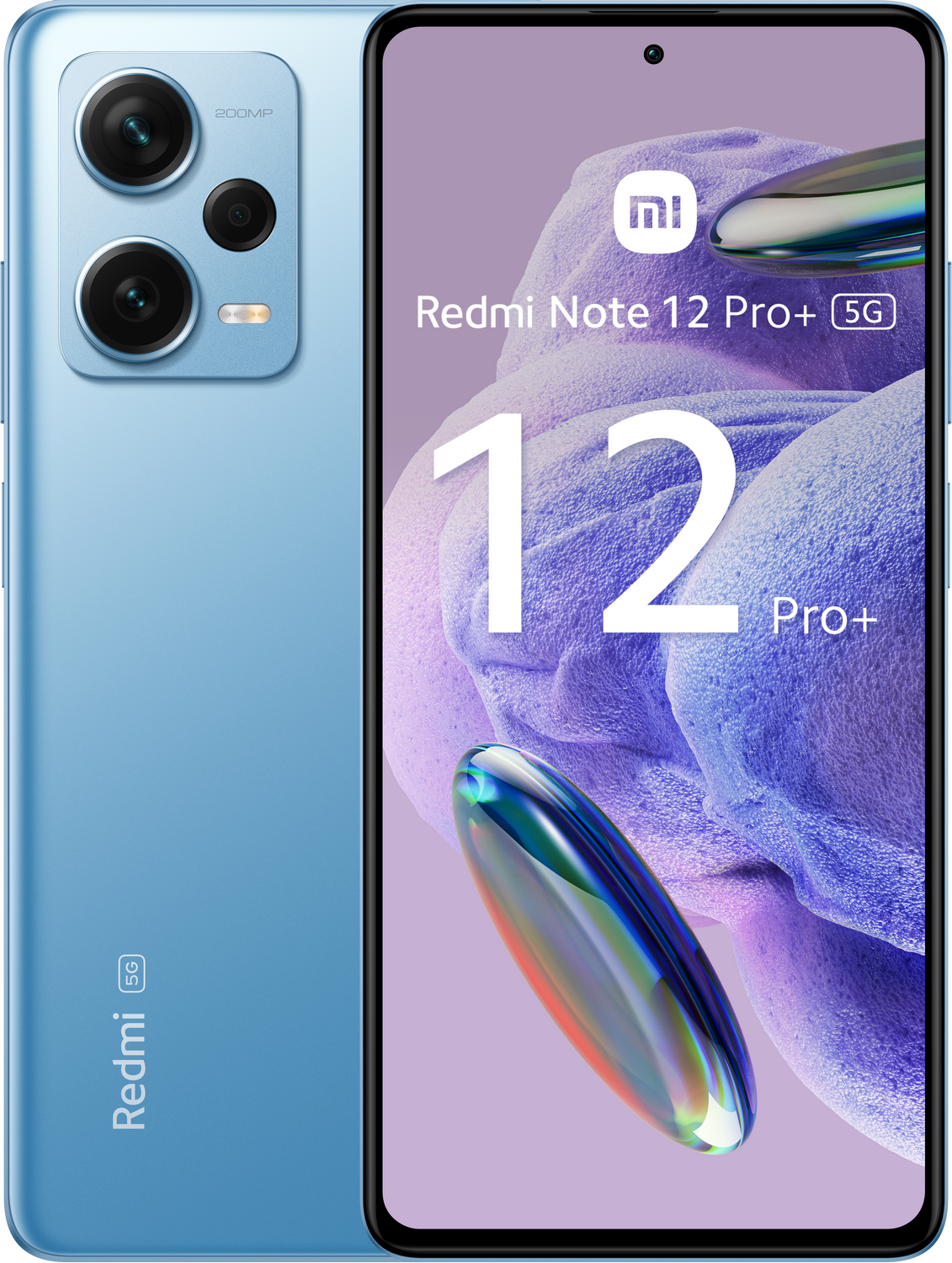 Teléfono azul Redmi Note 12 Pro+ 5G. Tres cámaras traseras. Pantalla muestra info del teléfono.