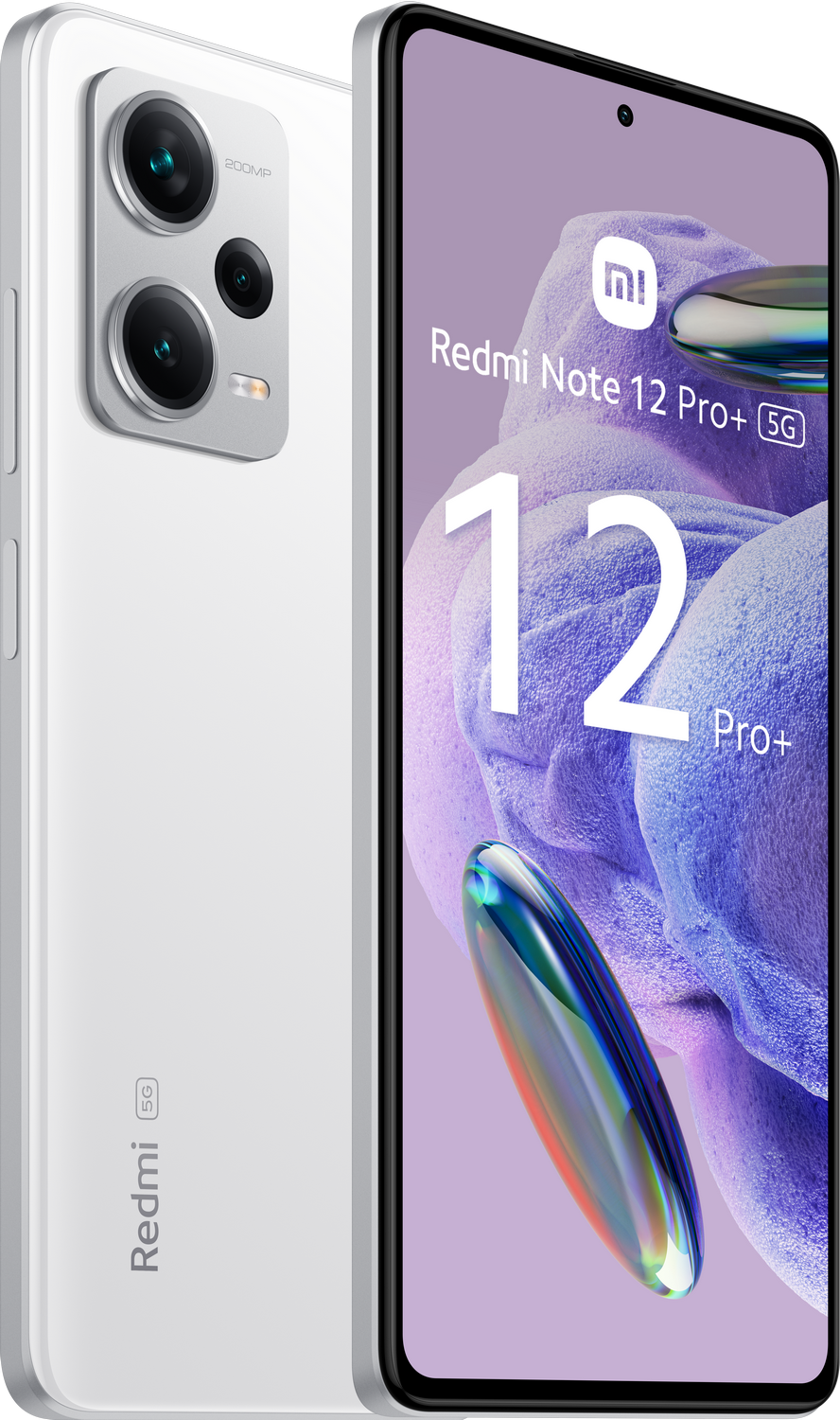Teléfono blanco Redmi Note 12 Pro+ 5G, con la cámara y la parte trasera del teléfono visibles.