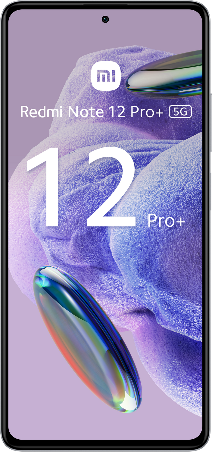 Un smartphone Xiaomi Redmi Note 12 Pro+ 5G sobre un fondo degradado púrpura claro. La pantalla está encendida.