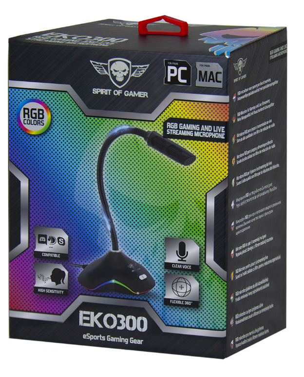 Mikrofon RGB színekkel, eSports Gaming Gear felirattal.
