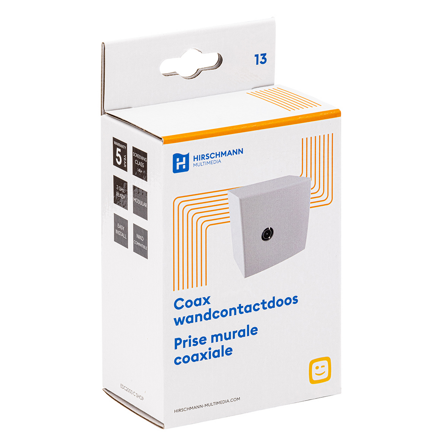 White and orange Hirschmann box with a coaxial wall connector.