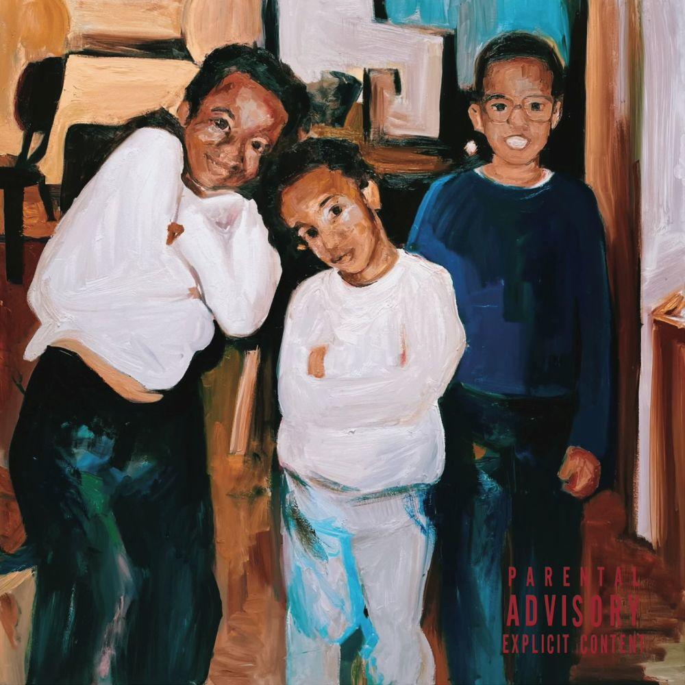 Drei Jungen stehen zusammen in einem impressionistischen Malstil. Parental Advisory Label.