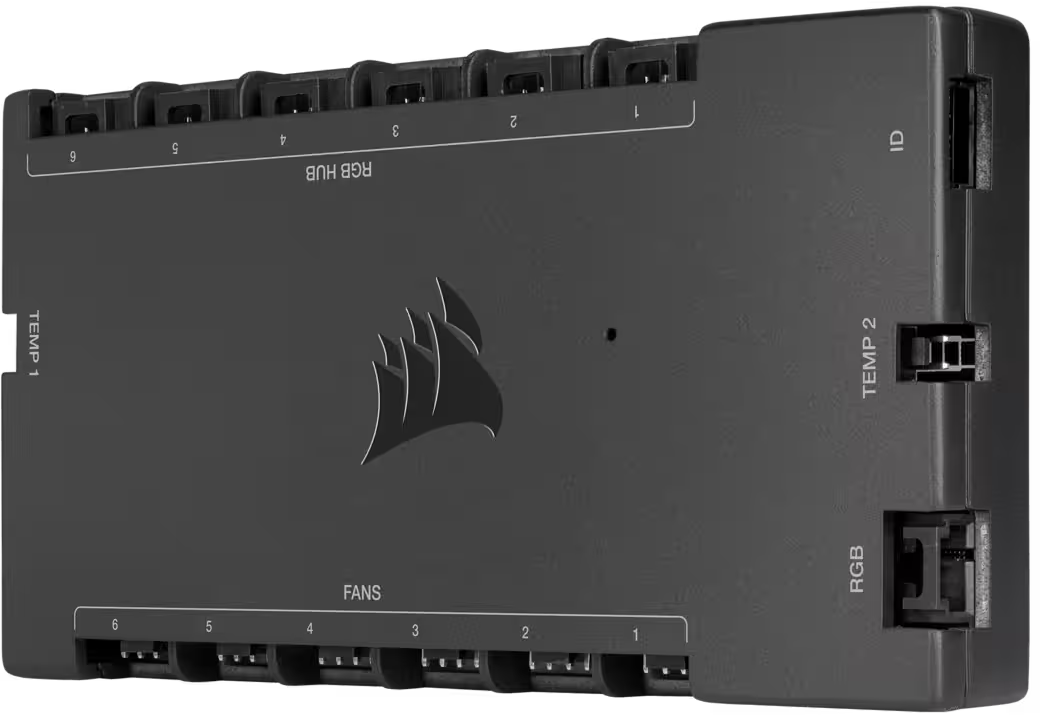 Schwarzer RGB-Hub mit Corsair-Logo, beschrifteten Anschlüssen und Anschlüssen.