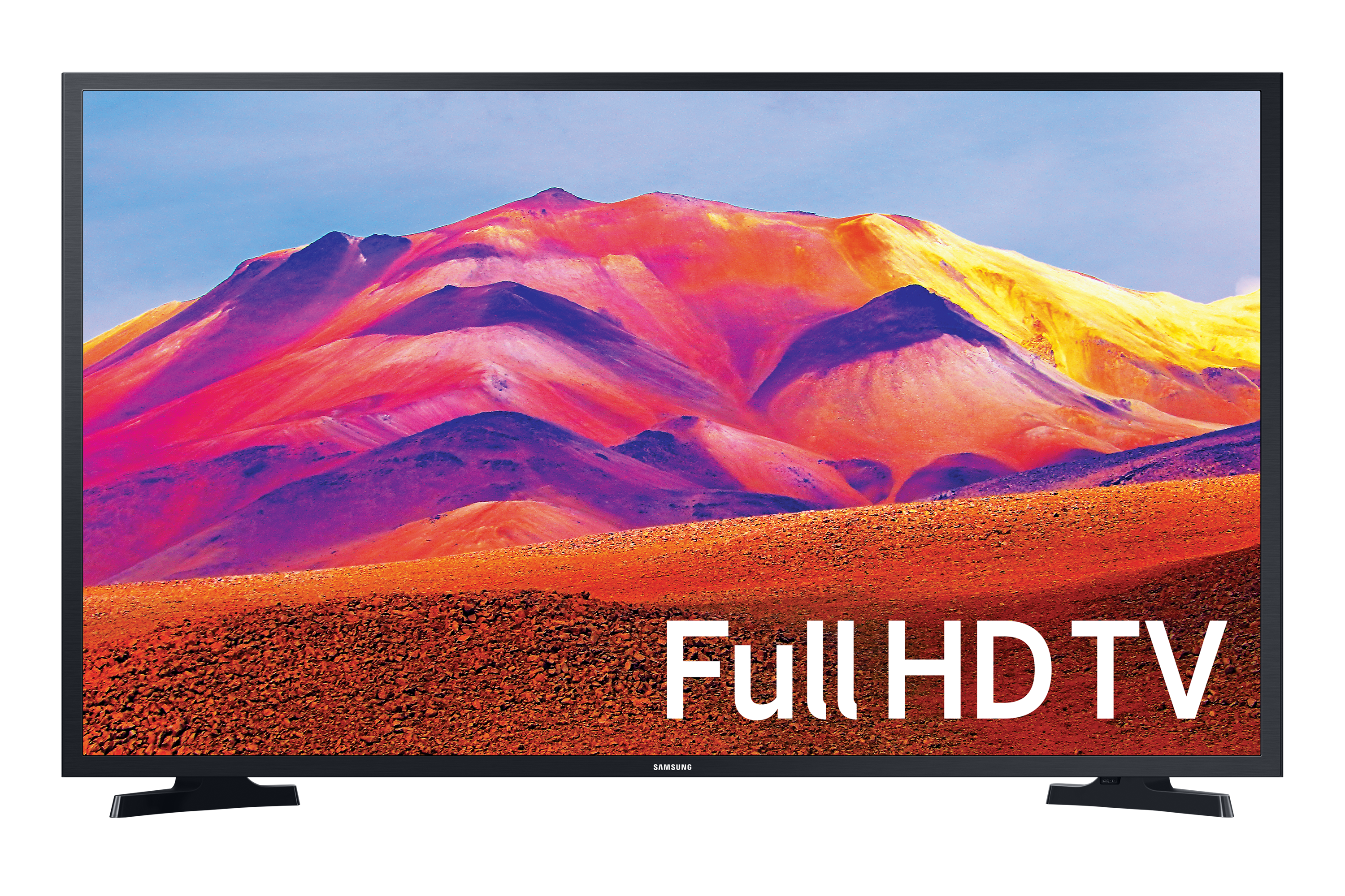 Ein Samsung Full HD TV zeigt eine bunte Berglandschaft mit dem Text "Full HD TV".