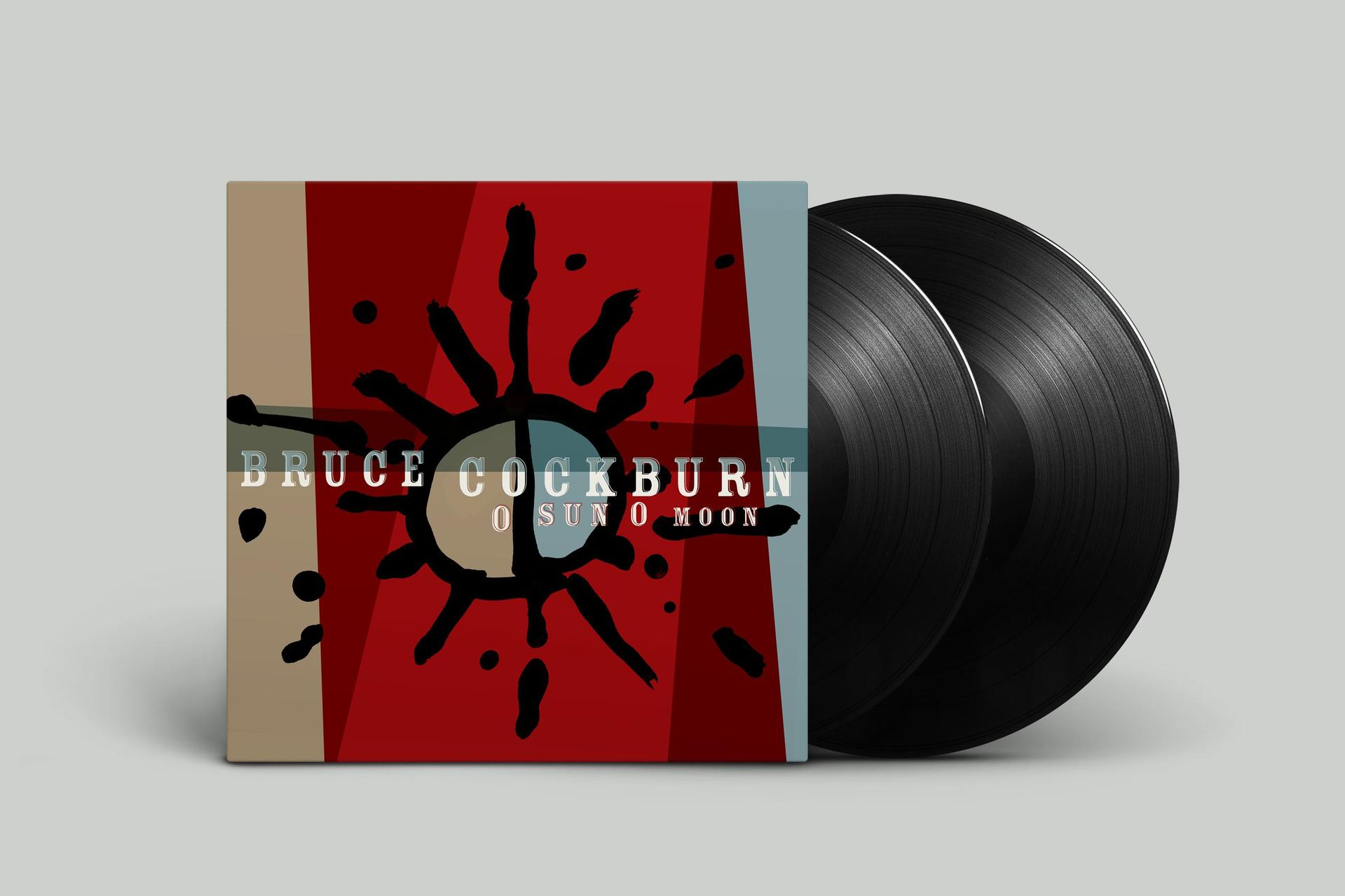 Vinylplatten-Albumcover mit abstrakter Kunst und zwei schwarzen Platten.