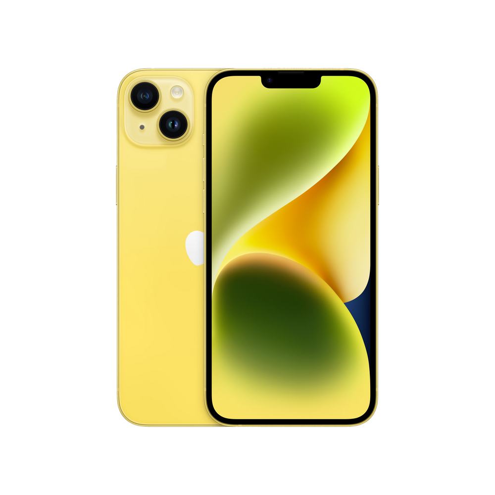 iPhone 14 amarillo con dos cámaras traseras y una pantalla.