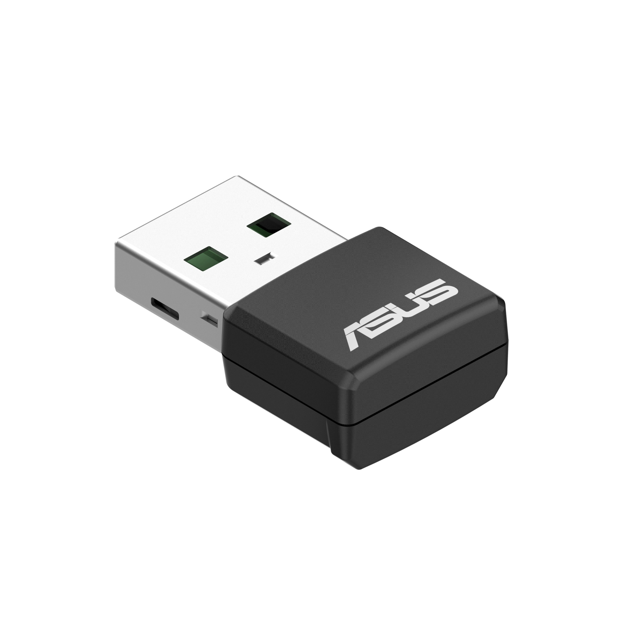 Schwarzer und silberner USB-Adapter mit ASUS-Logo, an einem weißen USB-Anschluss.