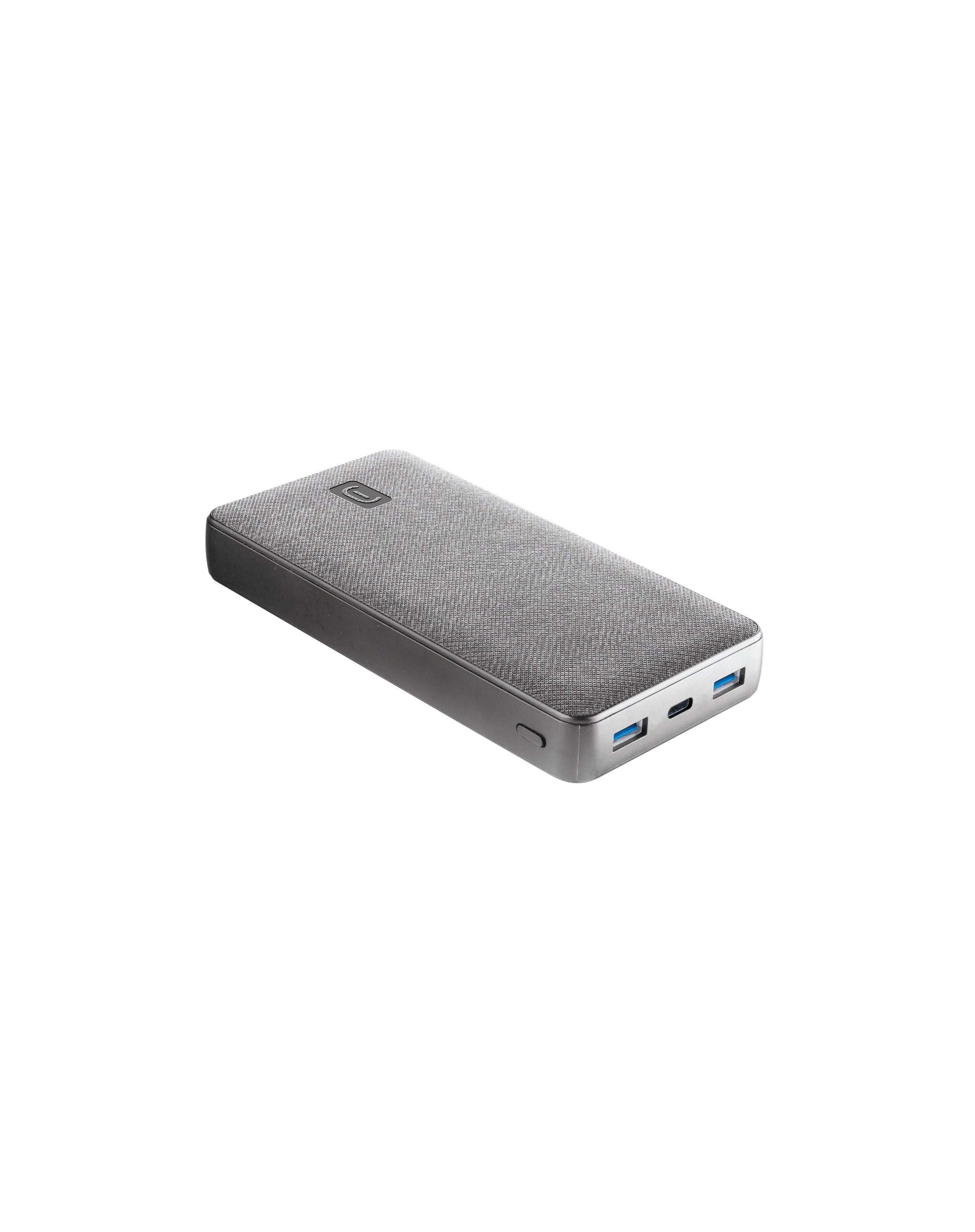Beyaz zemin üzerinde iki USB bağlantı noktası ve bir USB-C bağlantı noktası olan gri bir güç bankası.