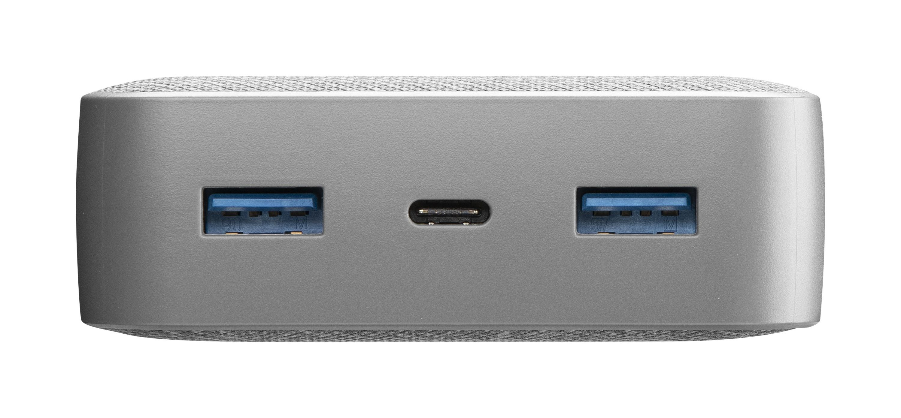 İki USB bağlantı noktası ve bir USB-C bağlantı noktası olan gri bir güç bankası. Bağlantı noktalarının içleri mavi.
