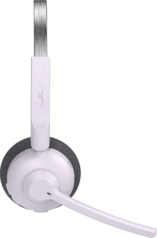 Un auricolare JLab bianco con microfono, un auricolare singolo e un braccio argentato.