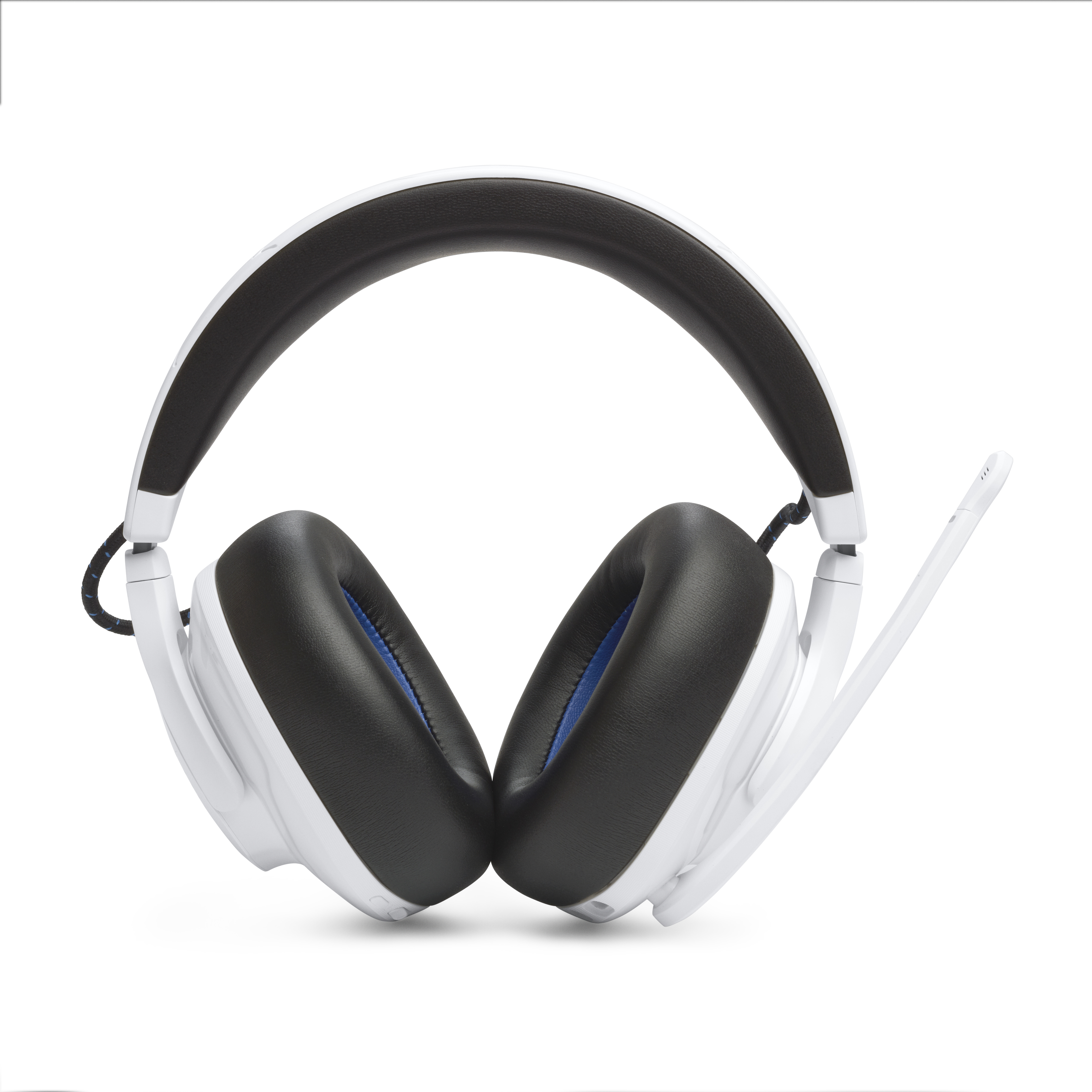 Weiße Gaming-Kopfhörer mit schwarzem Kopfbügel und Ohrmuscheln.