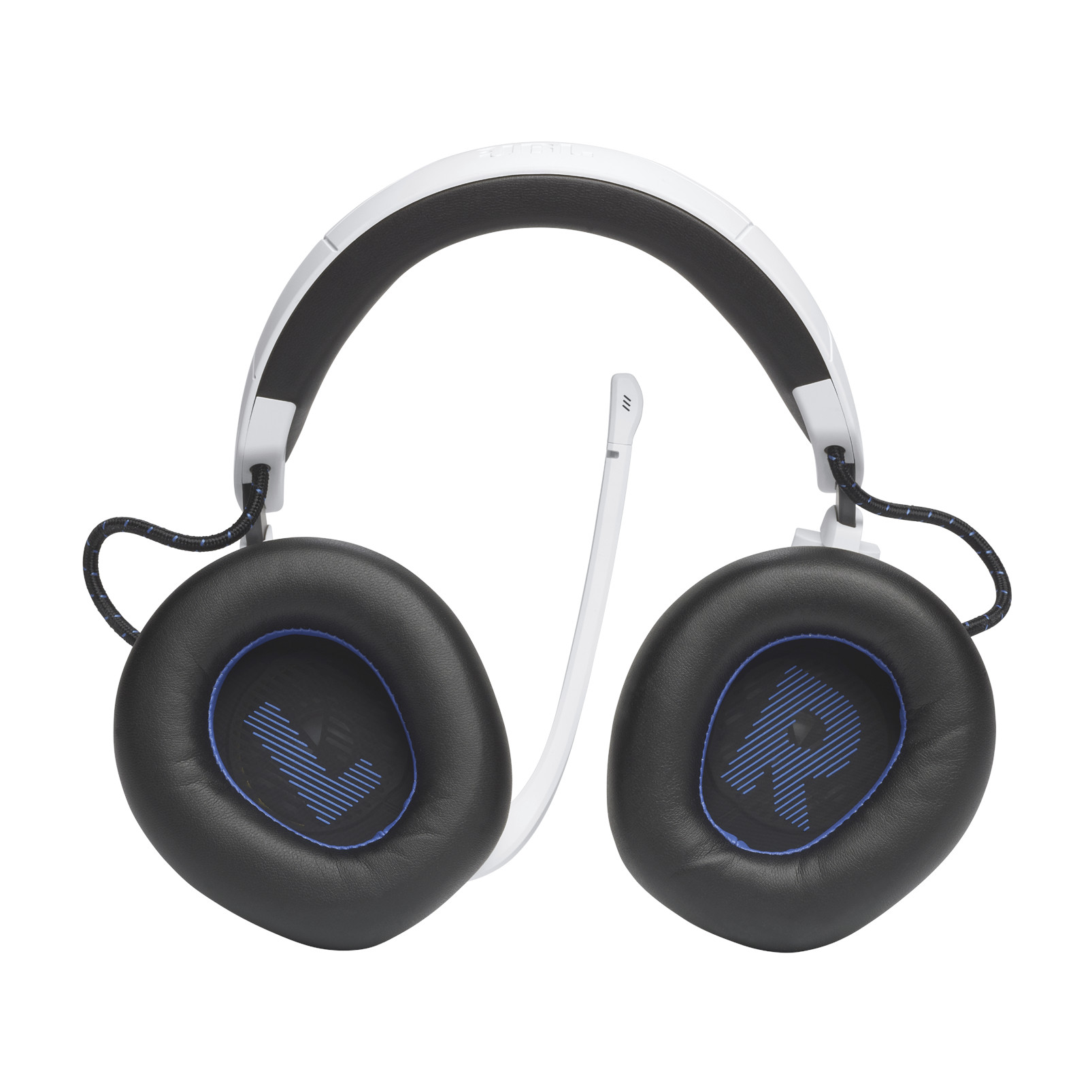 Kopfhörer: Weiße und schwarze Kopfhörer. Mikrofon befestigt. Blaue Akzente. JBL-Logo sichtbar.