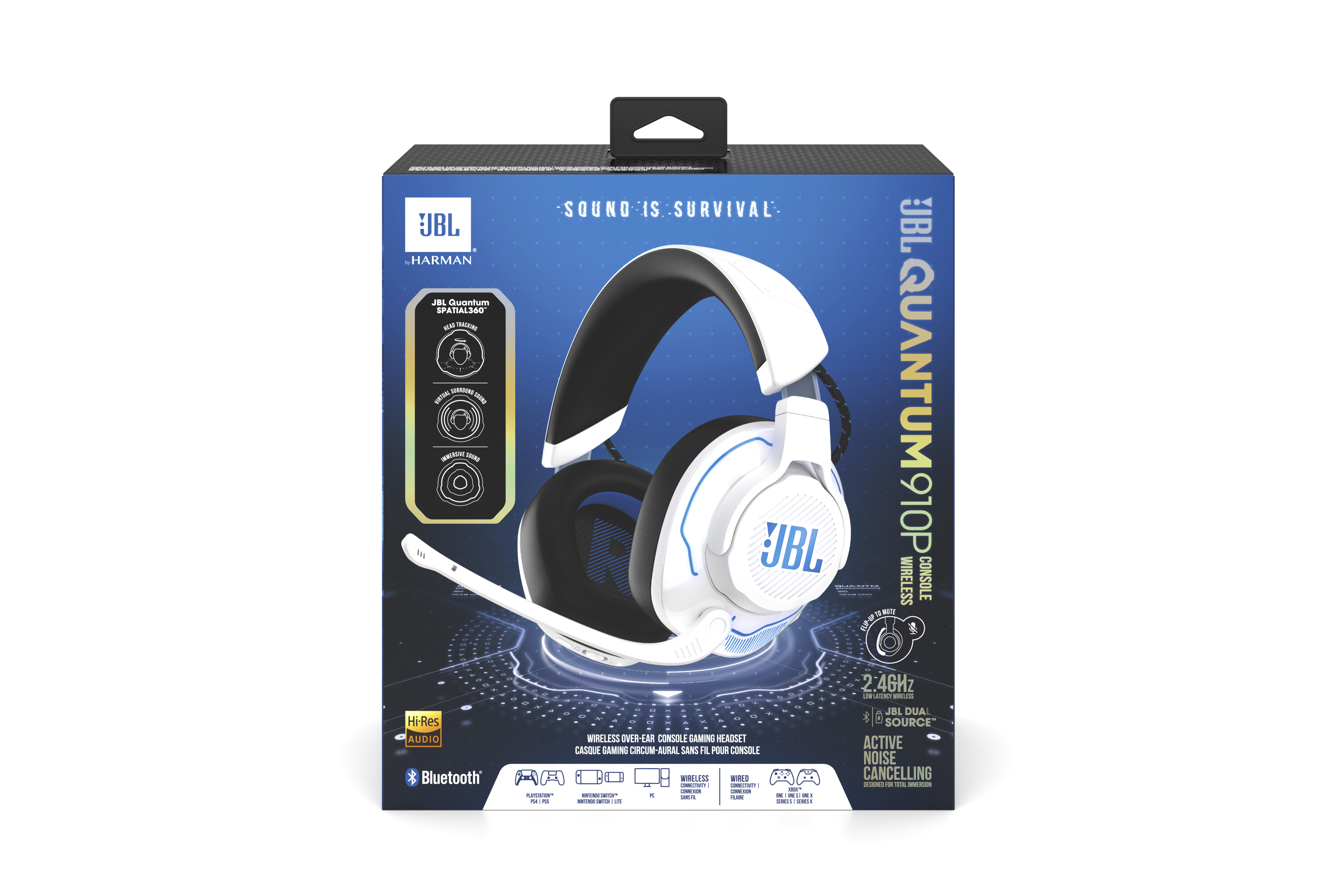 Eine Gaming-Headset-Box mit weißer Headset-Grafik und dem JBL-Logo.