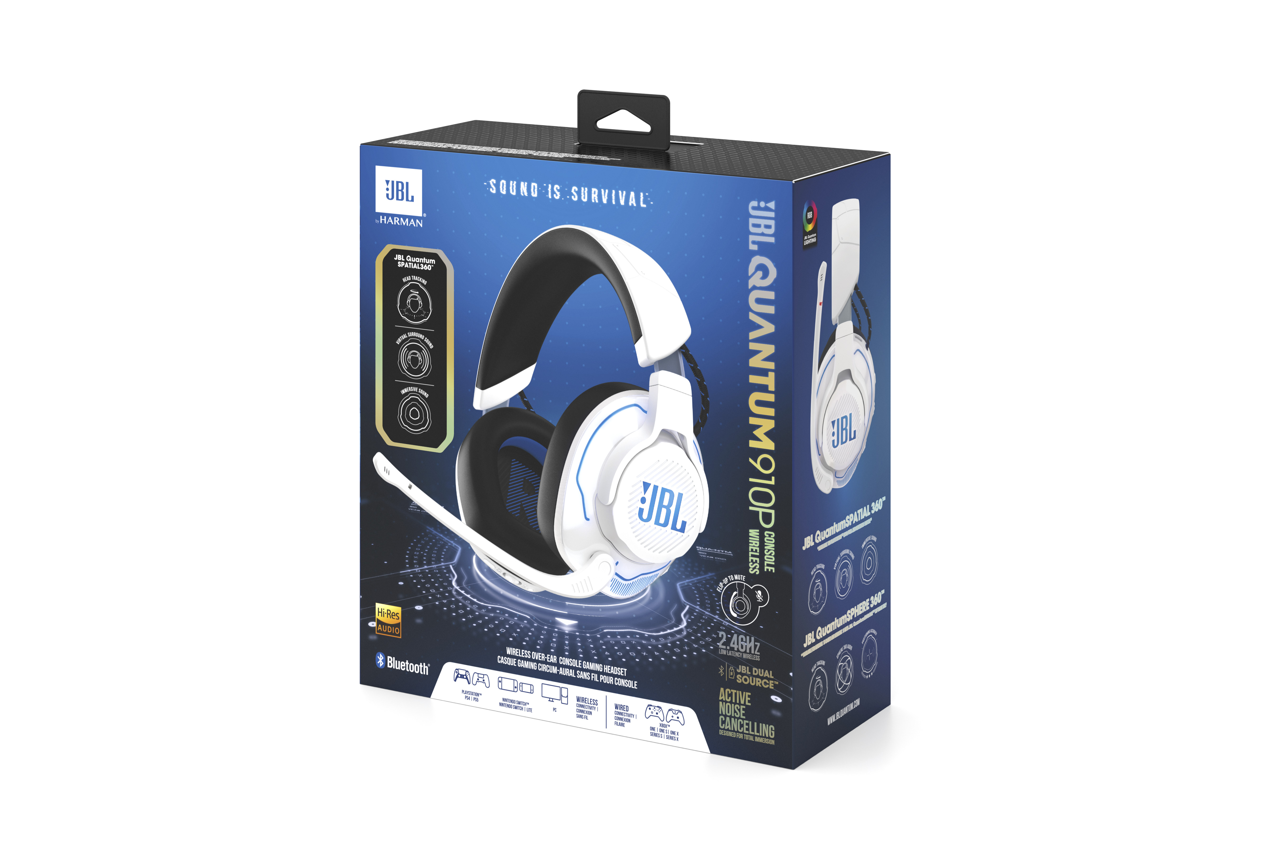 Kopfhörerbox mit einem weißen und blauen Headset auf der Vorderseite. Es ist auf weißem Hintergrund.