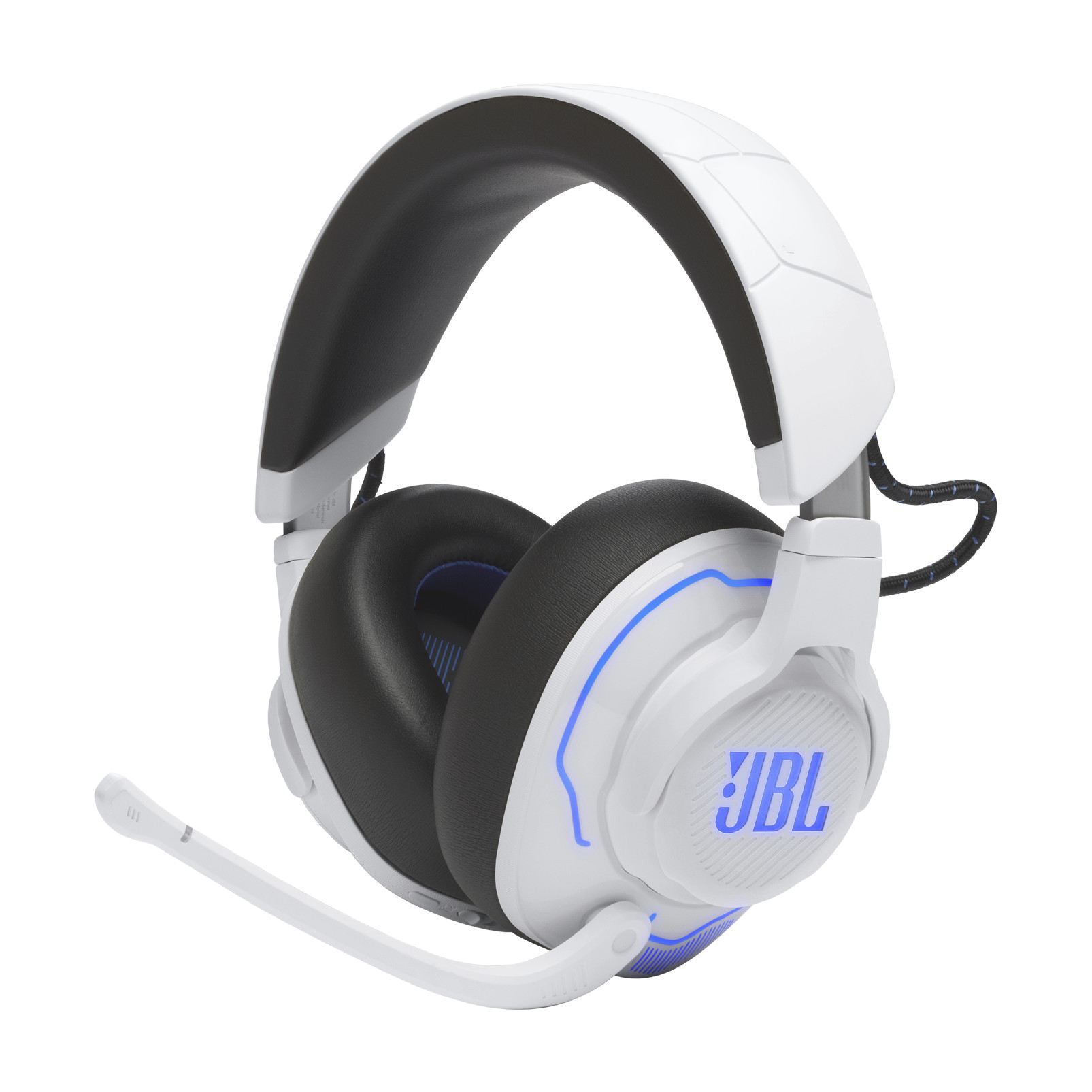 Weiße und schwarze Gaming-Kopfhörer mit Mikrofon. JBL-Logo sichtbar.