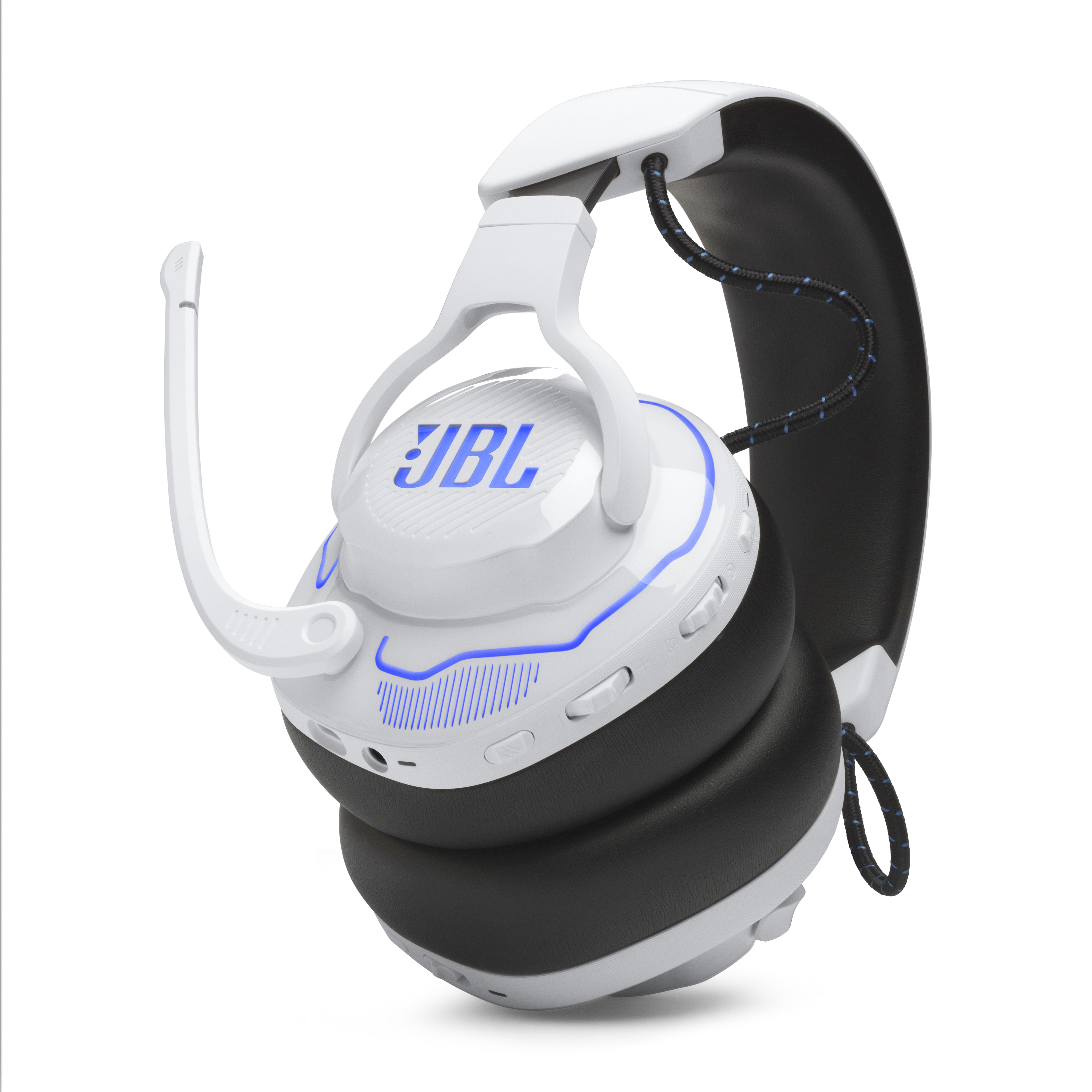 Weißes und schwarzes JBL-Headset mit Mikrofon, blauen Akzenten und geflochtenem Kabel.