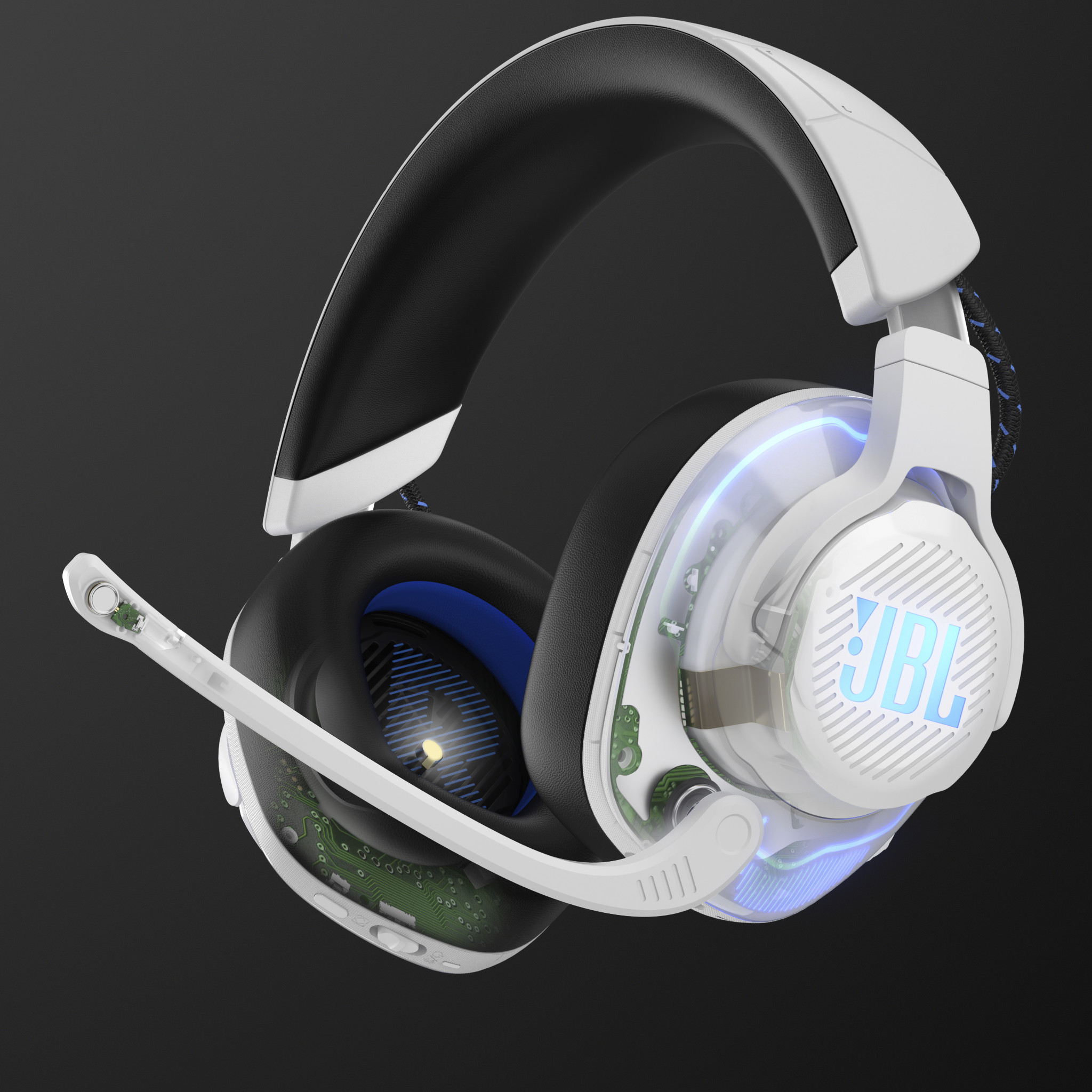 Weiß-schwarze Gaming-Kopfhörer mit blauen Akzenten und JBL-Logo.