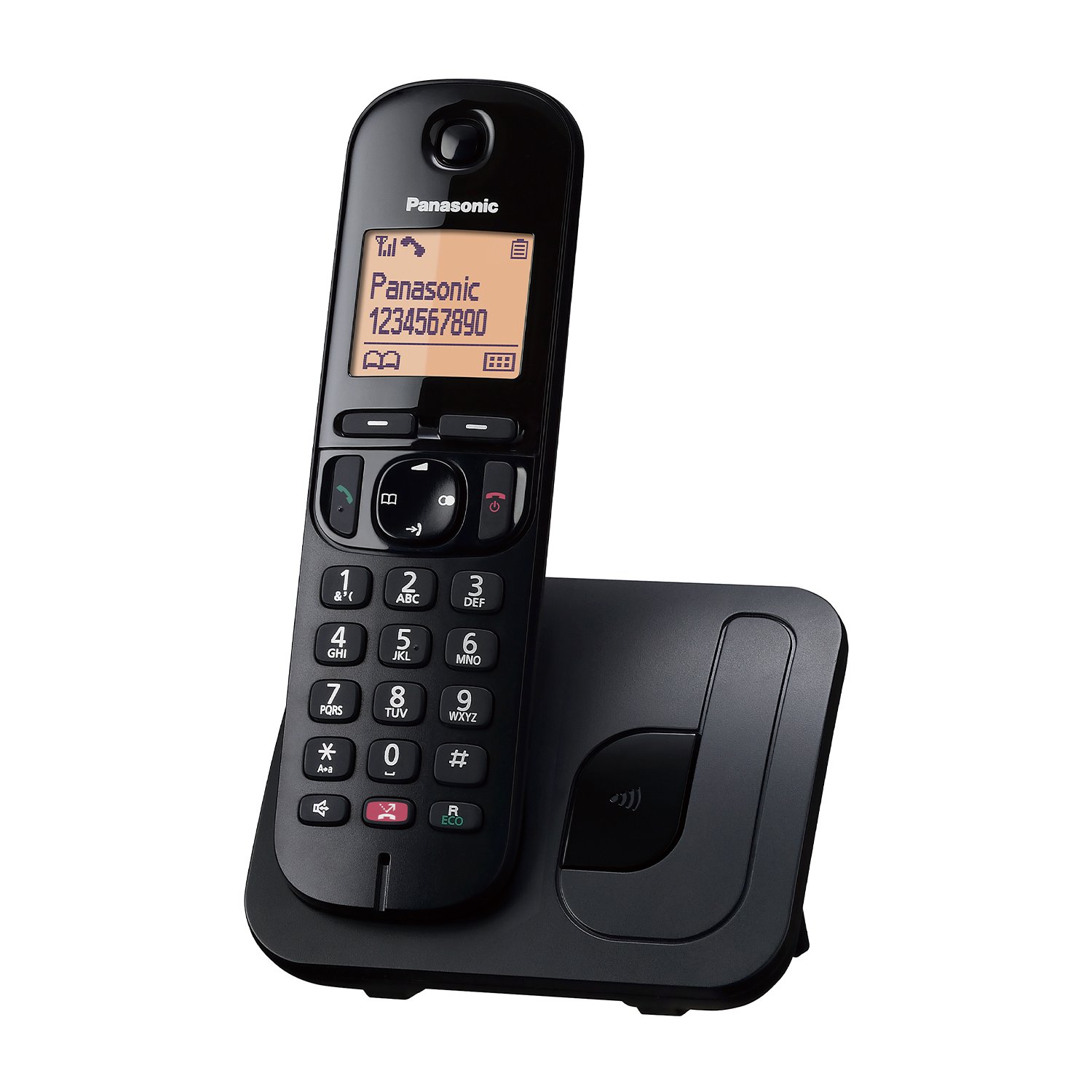 Un telefono cordless Panasonic nero con una base e uno schermo che mostra un numero di telefono.