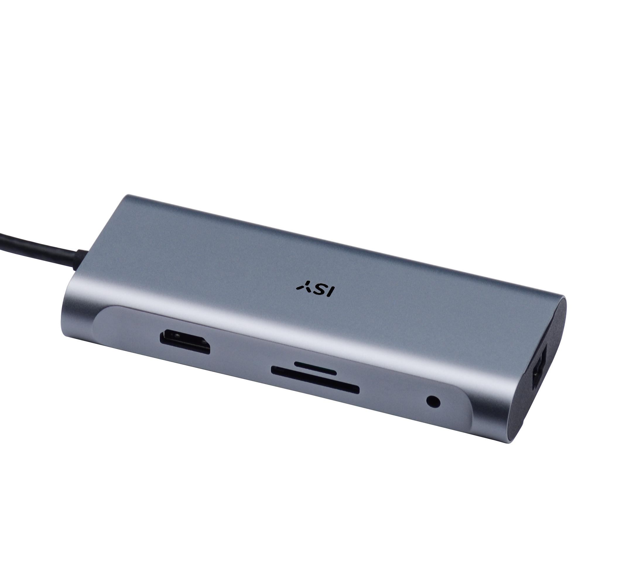 Ein grauer USB-C-Hub mit mehreren Anschlüssen, isoliert auf weißem Hintergrund.