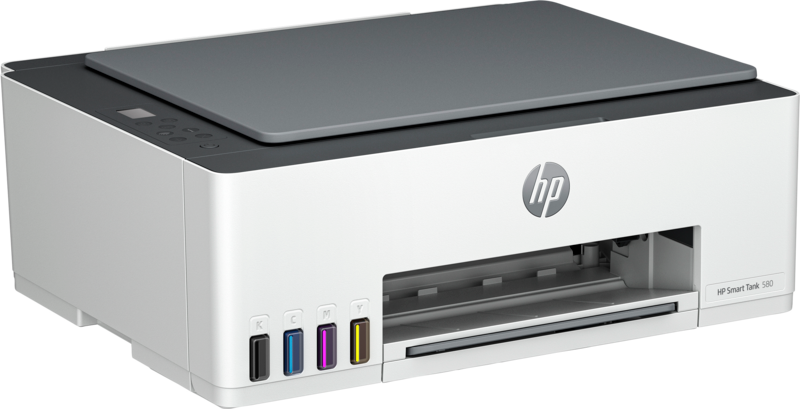 Fehér és szürke HP Smart Tank 580 nyomtató. A színes tintapatronok elöl láthatók.