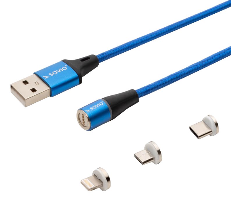SAVIO 3 az 1-ben mágneses adatkábel, Lightning/Type-C/Micro-USB, 2 méter, kék (CL-157)