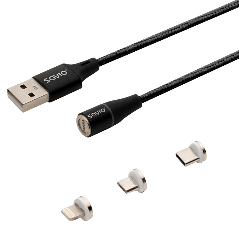SAVIO 3 az 1-ben mágneses adatkábel, Lightning/Type-C/Micro-USB, 2 méter, fekete (CL-155)