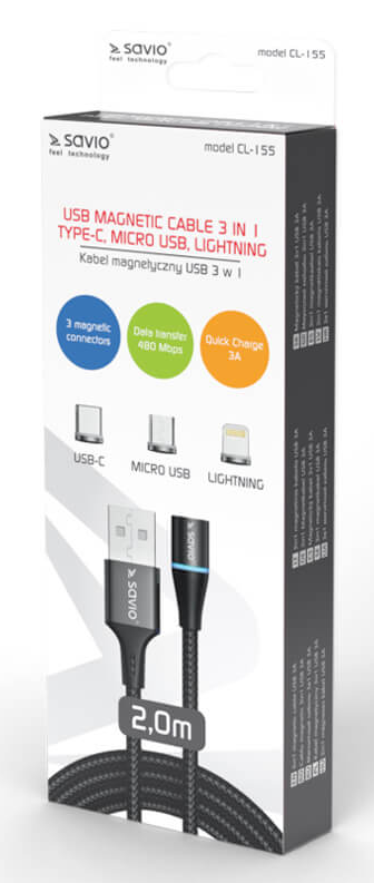Dobozos USB mágneses kábel szöveggel, 3 csatlakozóval és egy fekete kábellel.