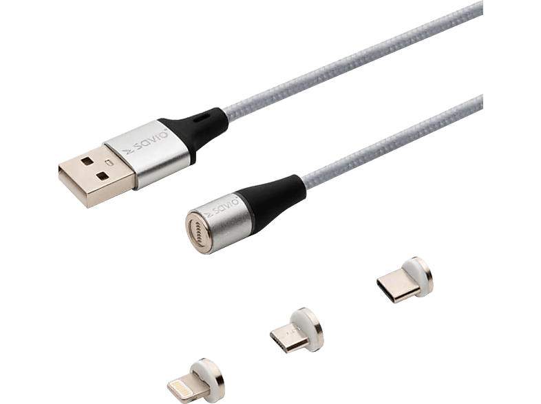 SAVIO 3 az 1-ben mágneses adatkábel, Lightning/Type-C/Micro-USB, 1 méter, ezüst (CL-153)