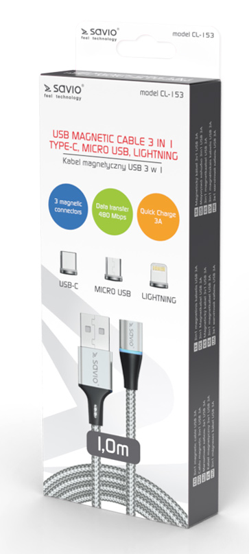 Savio USB mágneses kábel csomagolása. USB-C, Micro USB és Lightning csatlakozókat tartalmaz.