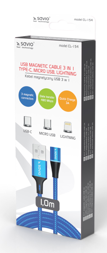 Egy USB mágneses kábel 3 az 1-ben a csomagolásban. Kék kábel, fehér háttér.