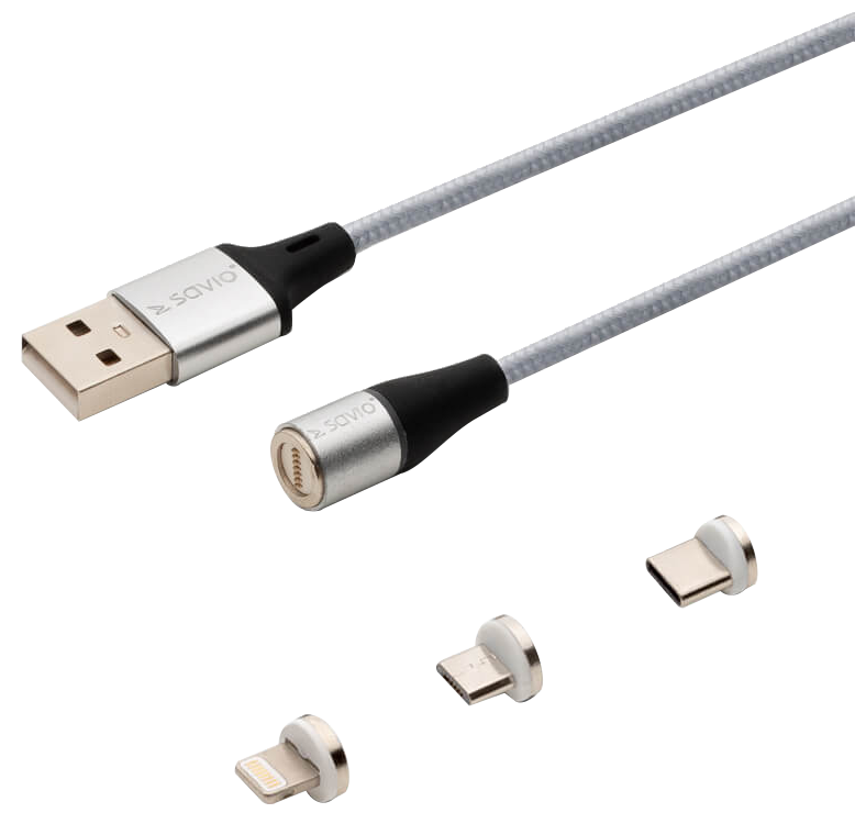 SAVIO 3 az 1-ben mágneses adatkábel, Lightning/Type-C/Micro-USB, 2 méter, ezüst (CL-156)
