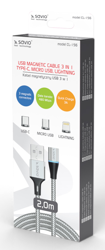 Egy doboz USB mágneses kábellel, különböző csatlakozókkal és egy ezüst kábellel.