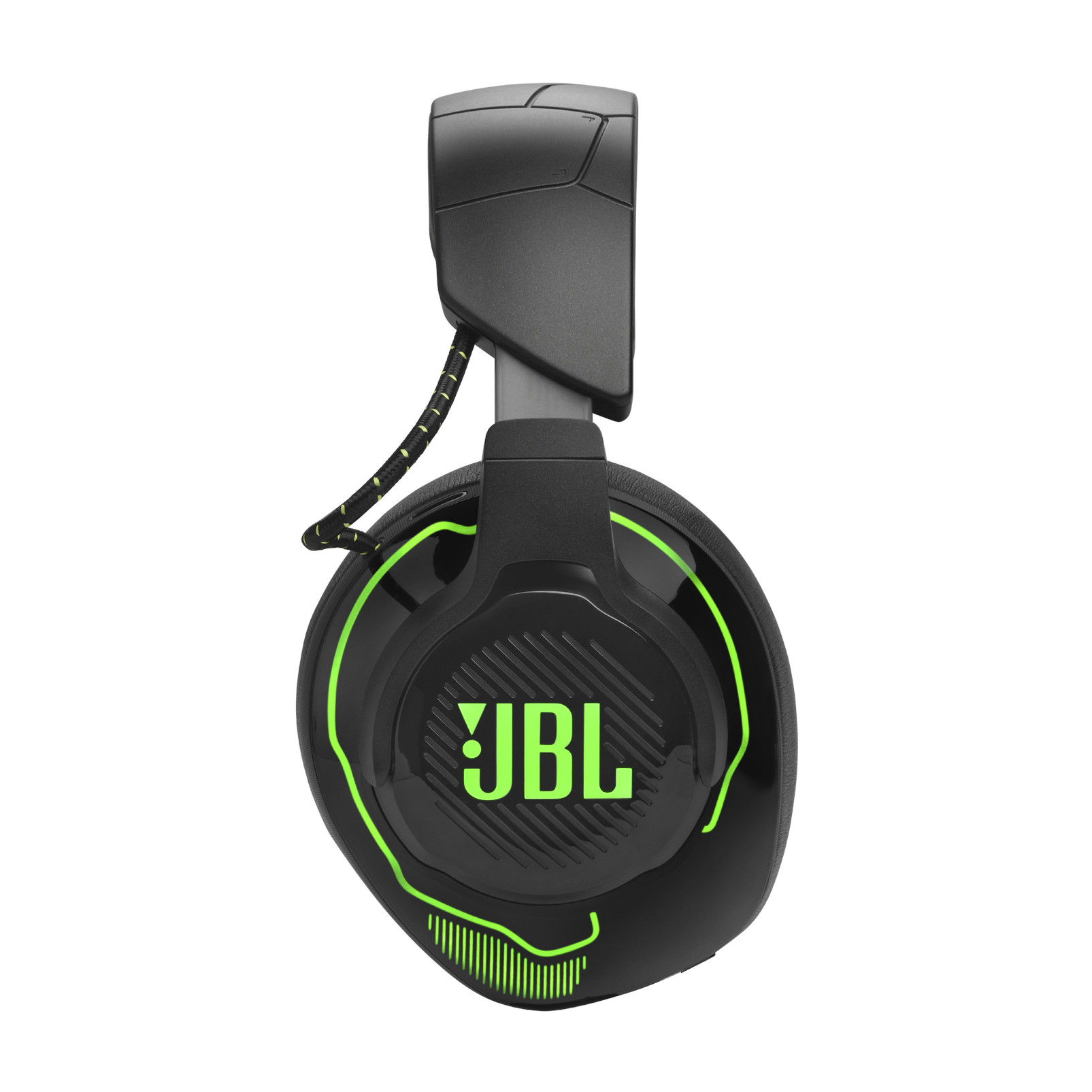 Schwarzes JBL-Gaming-Headset mit grünen Akzenten und Logo. Over-Ear-Design.