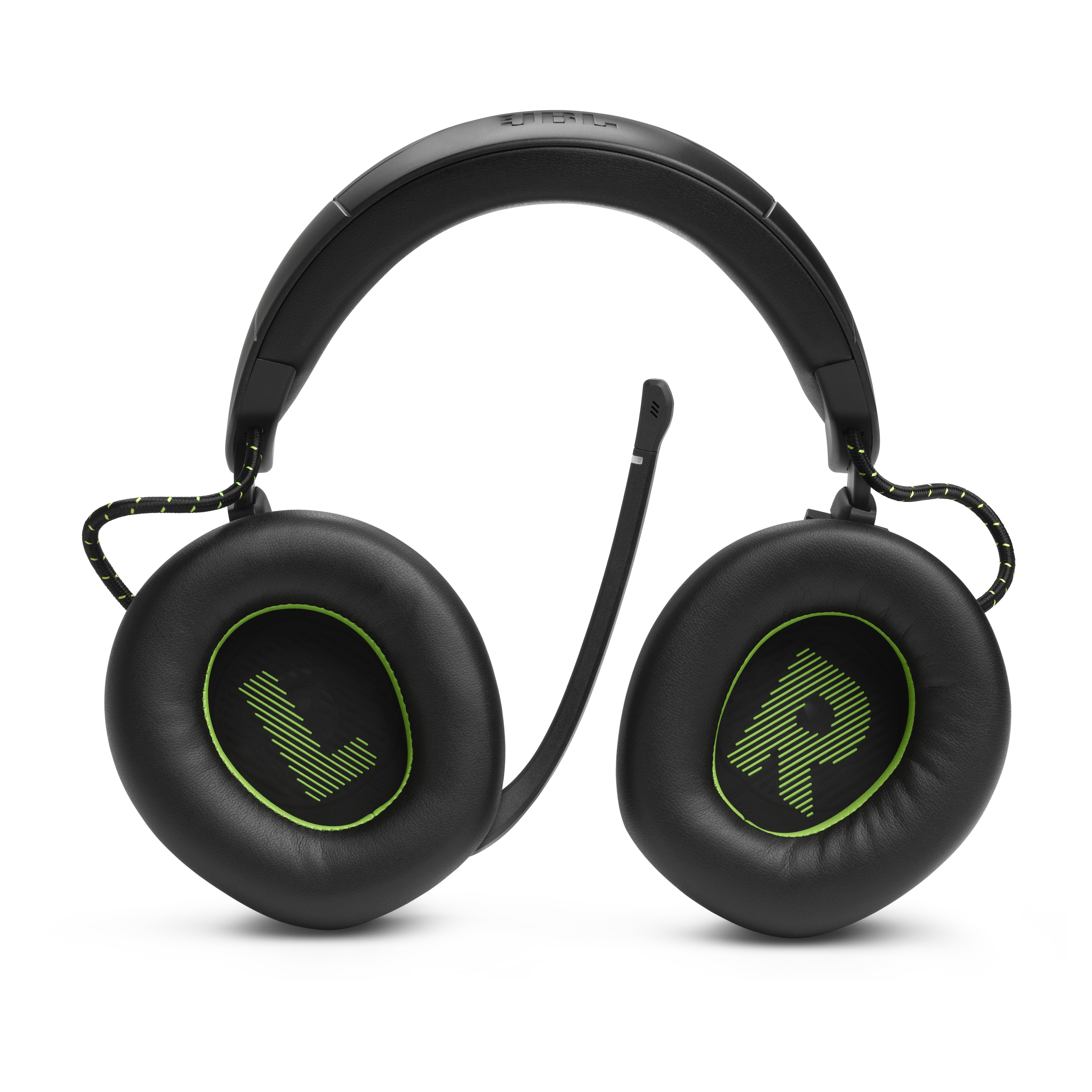 Schwarze Gaming-Kopfhörer mit grünen Akzenten. Die linken und rechten Ohrmuscheln haben grüne 'L'- und 'R'-Logos.