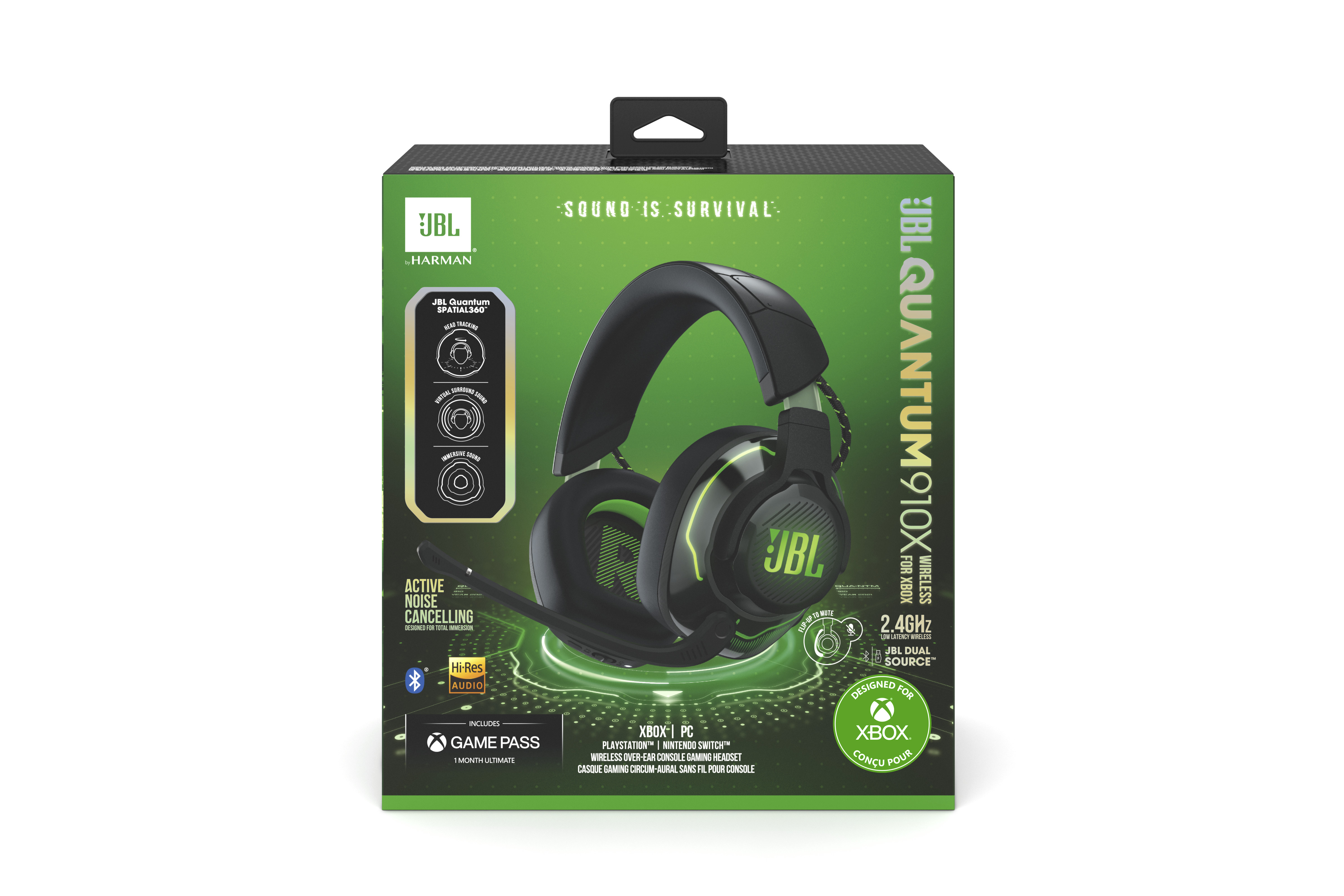 JBL Quantum 910X Gaming-Headset-Box, grün-schwarzes Design, mit Text und Produktmerkmalen.