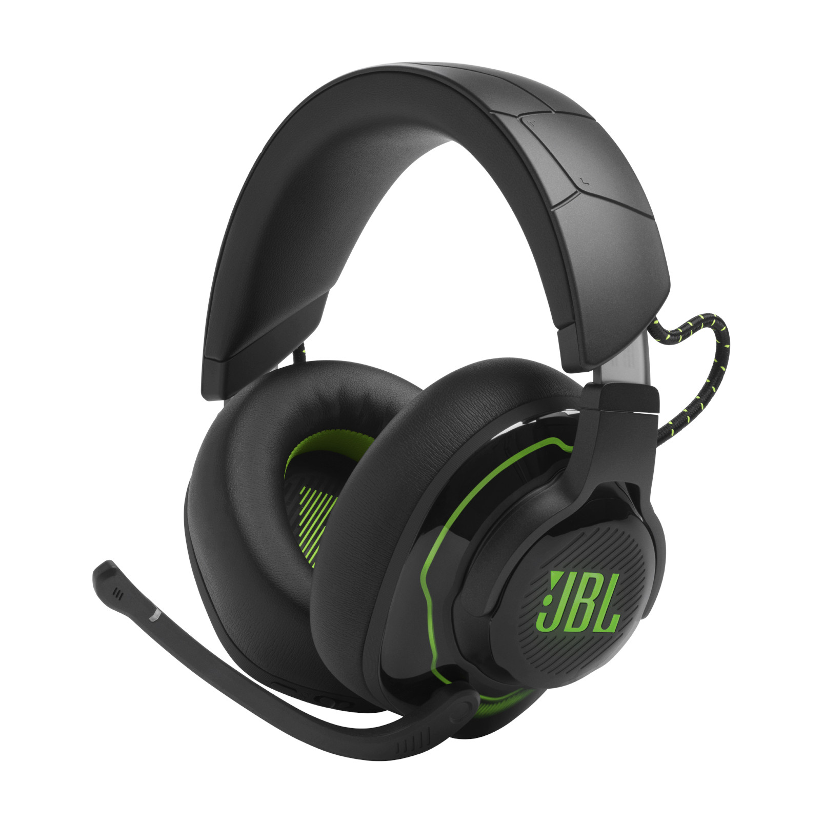 Schwarzes und grünes JBL-Gaming-Headset mit Mikrofon, freigestellt auf Weiß.