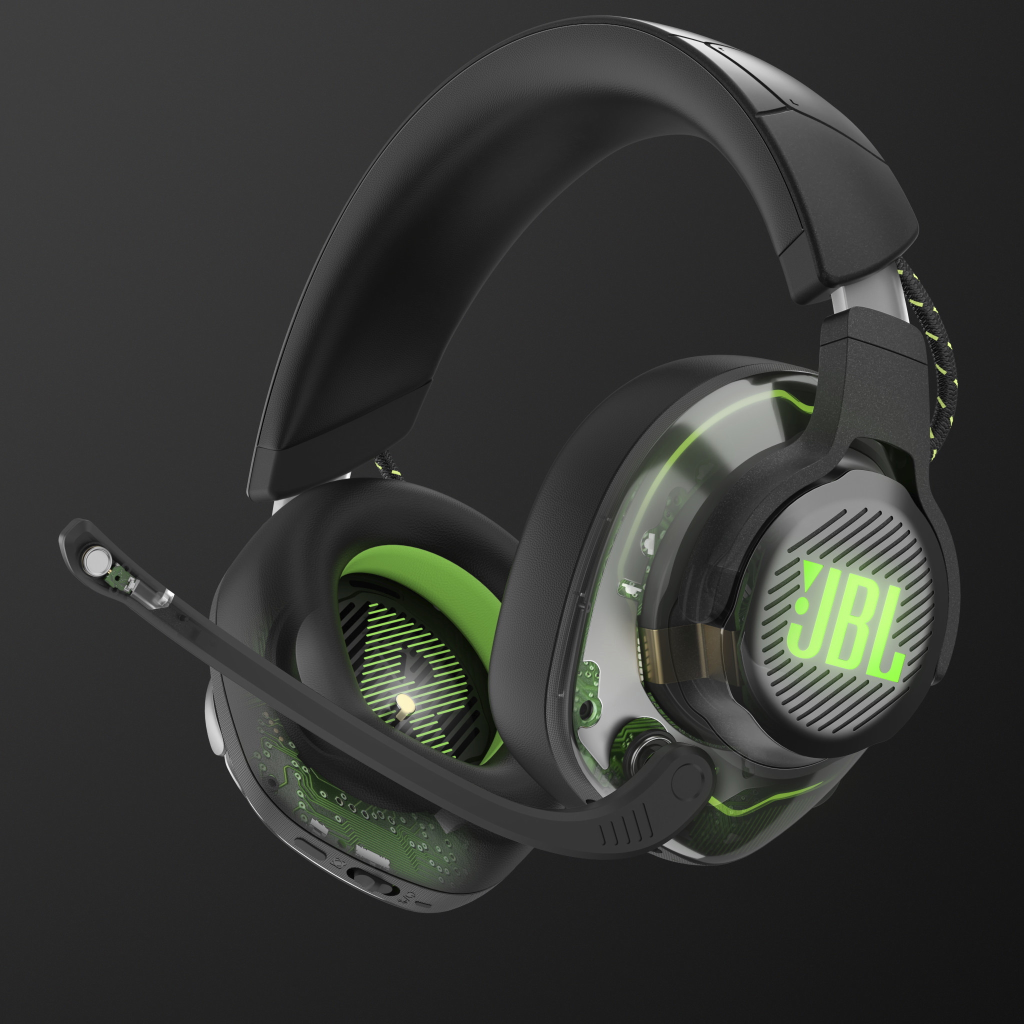 Schwarz-grünes JBL Gaming-Headset mit Mikrofon, beleuchtet.