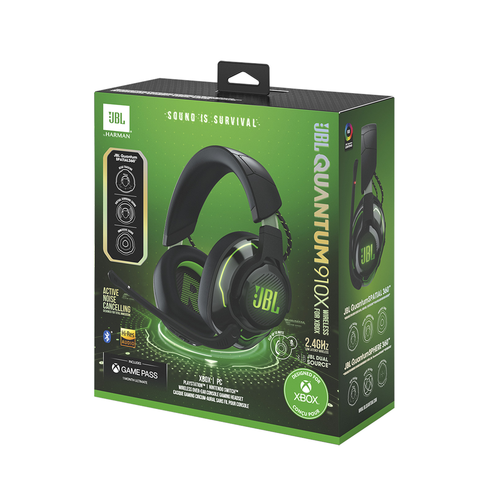 JBL Quantum 910X Headset-Box, grünes und schwarzes Design, mit Funktionen.