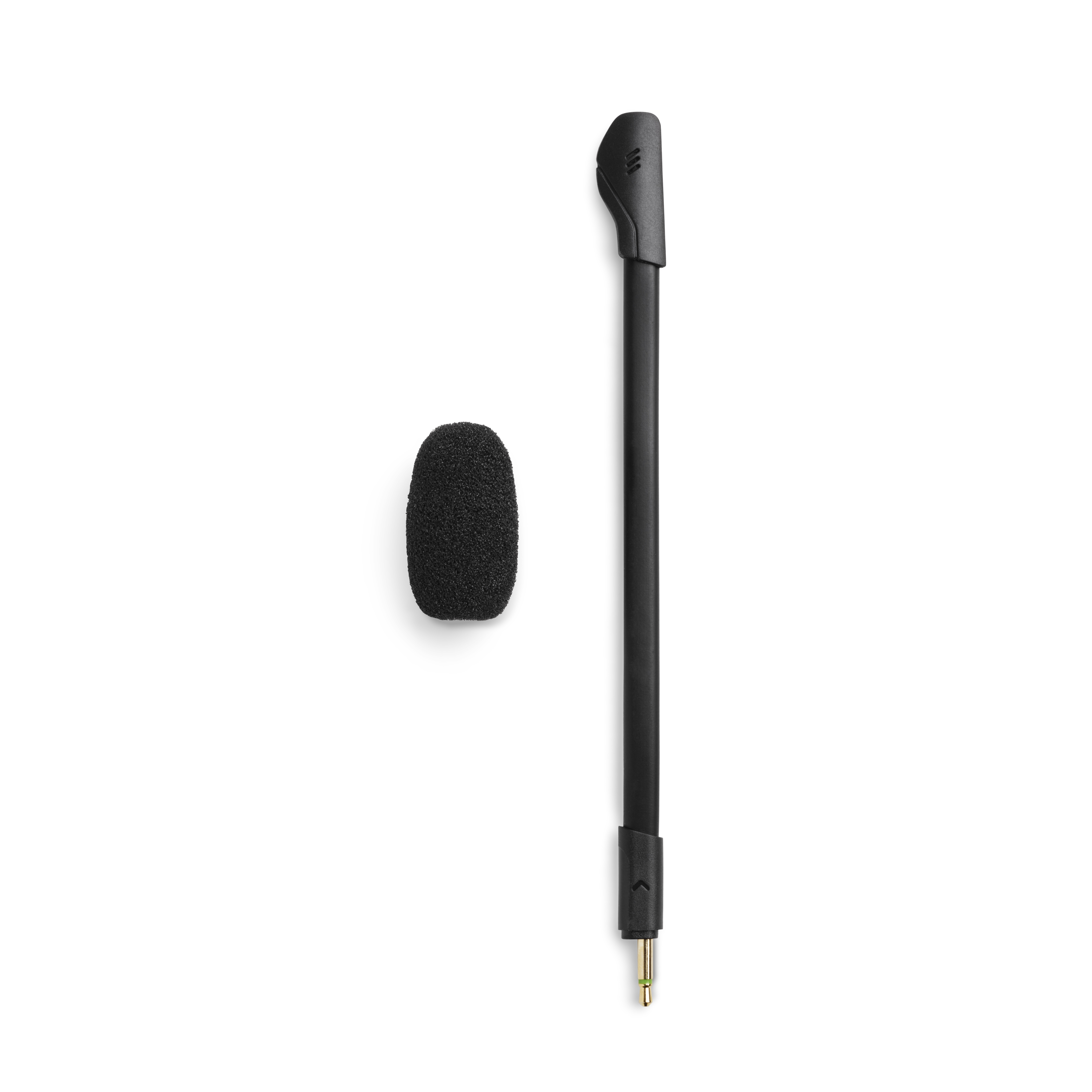 Schwarzes Gaming-Mikrofon mit Schaumstoffhülle, getrennt von einem Headset auf weißem Grund.