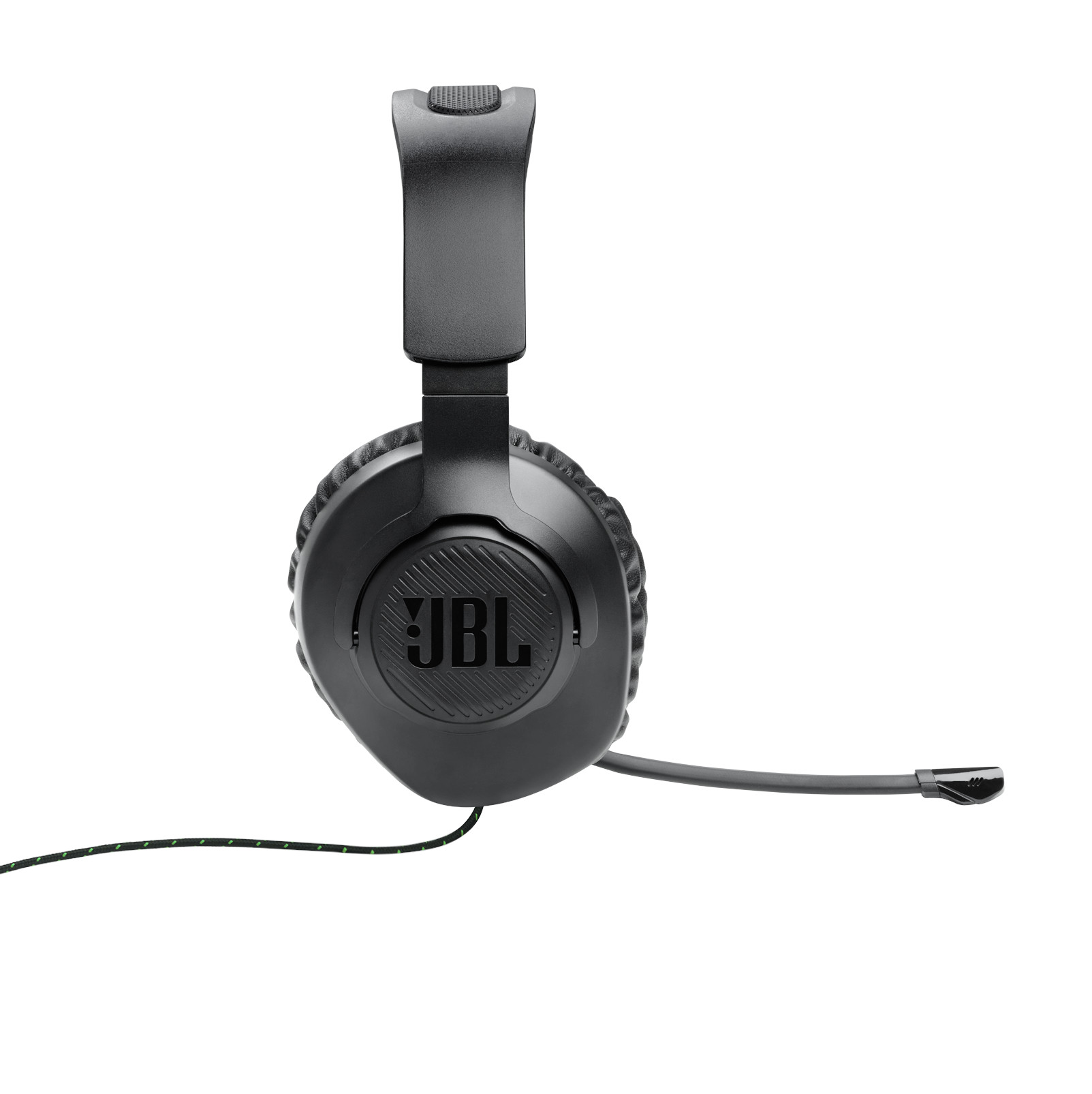 Schwarzes JBL-Headset mit Mikrofon, Vorderansicht. Das JBL-Logo ist sichtbar.