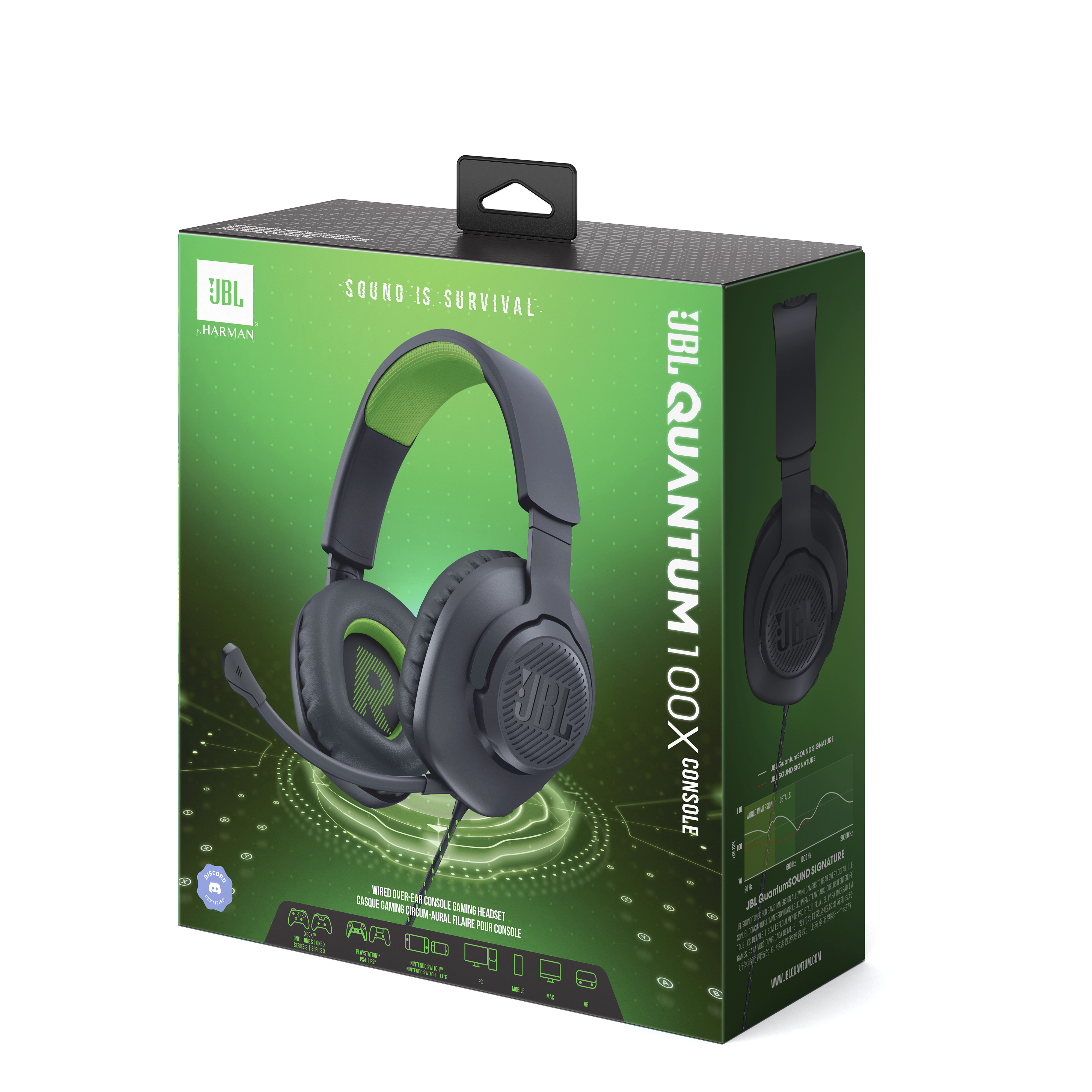 JBL Quantum 100X Console Gaming-Headset-Box, grünes und schwarzes Design auf weißem Grund.