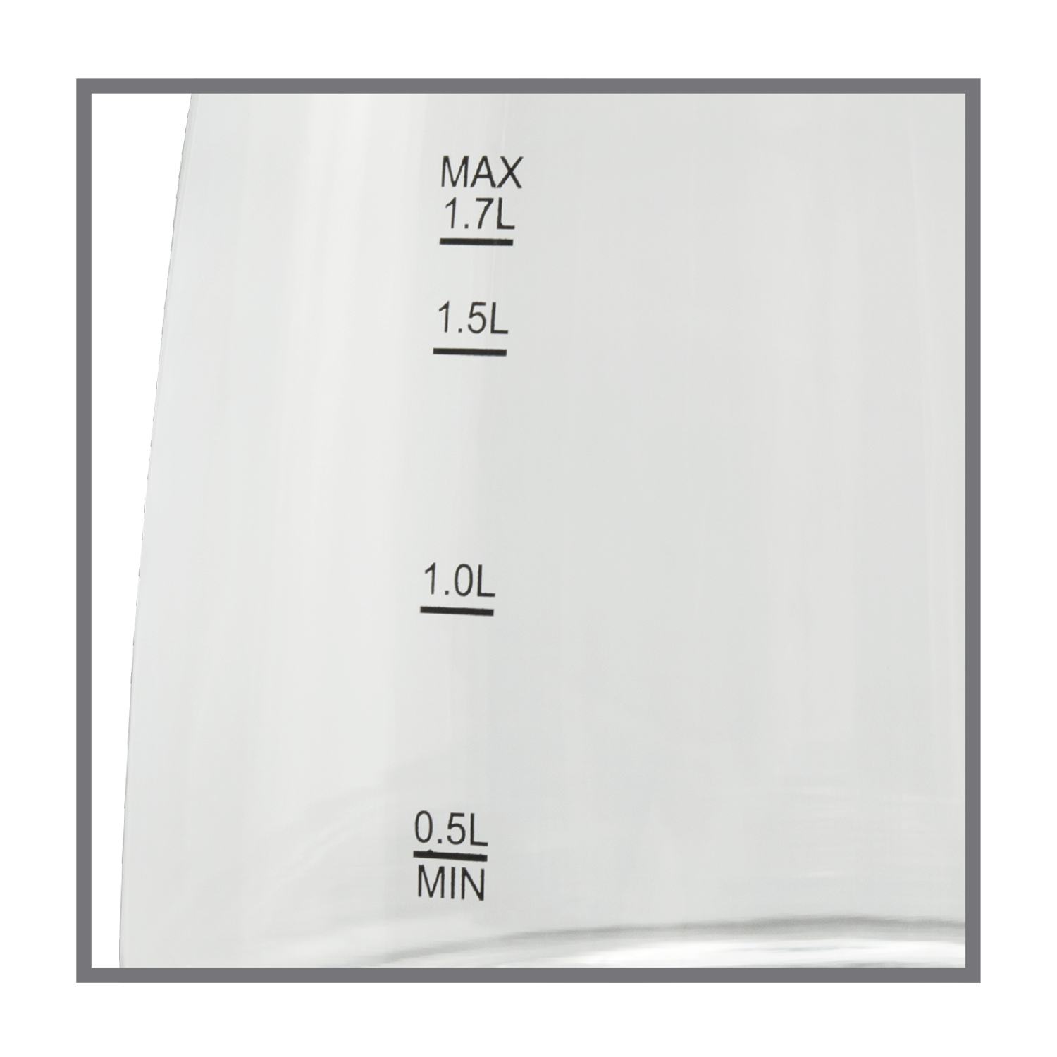 Contenitore trasparente con indicatori di livello: Max 1.7L, 1.5L, 1.0L, 0.5L.
