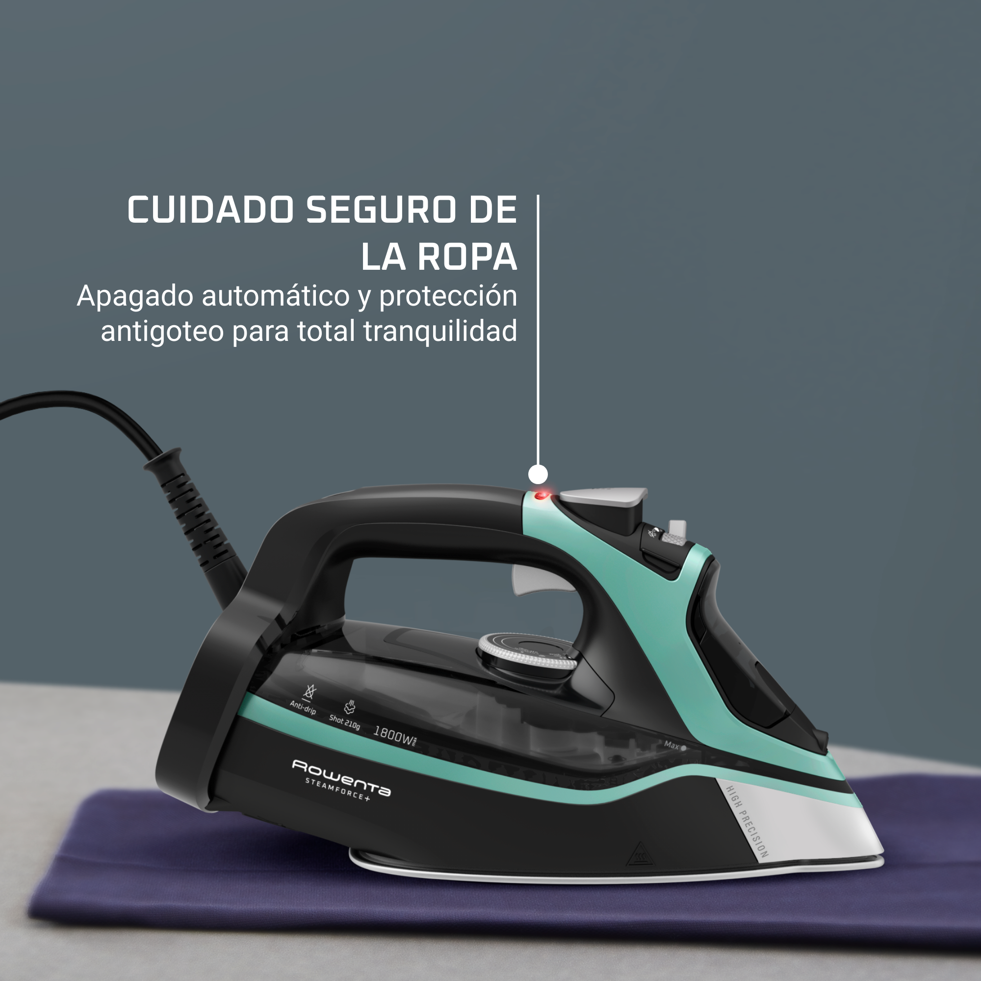 Una plancha con detalles turquesa y negro sobre un paño morado, con texto descriptivo.