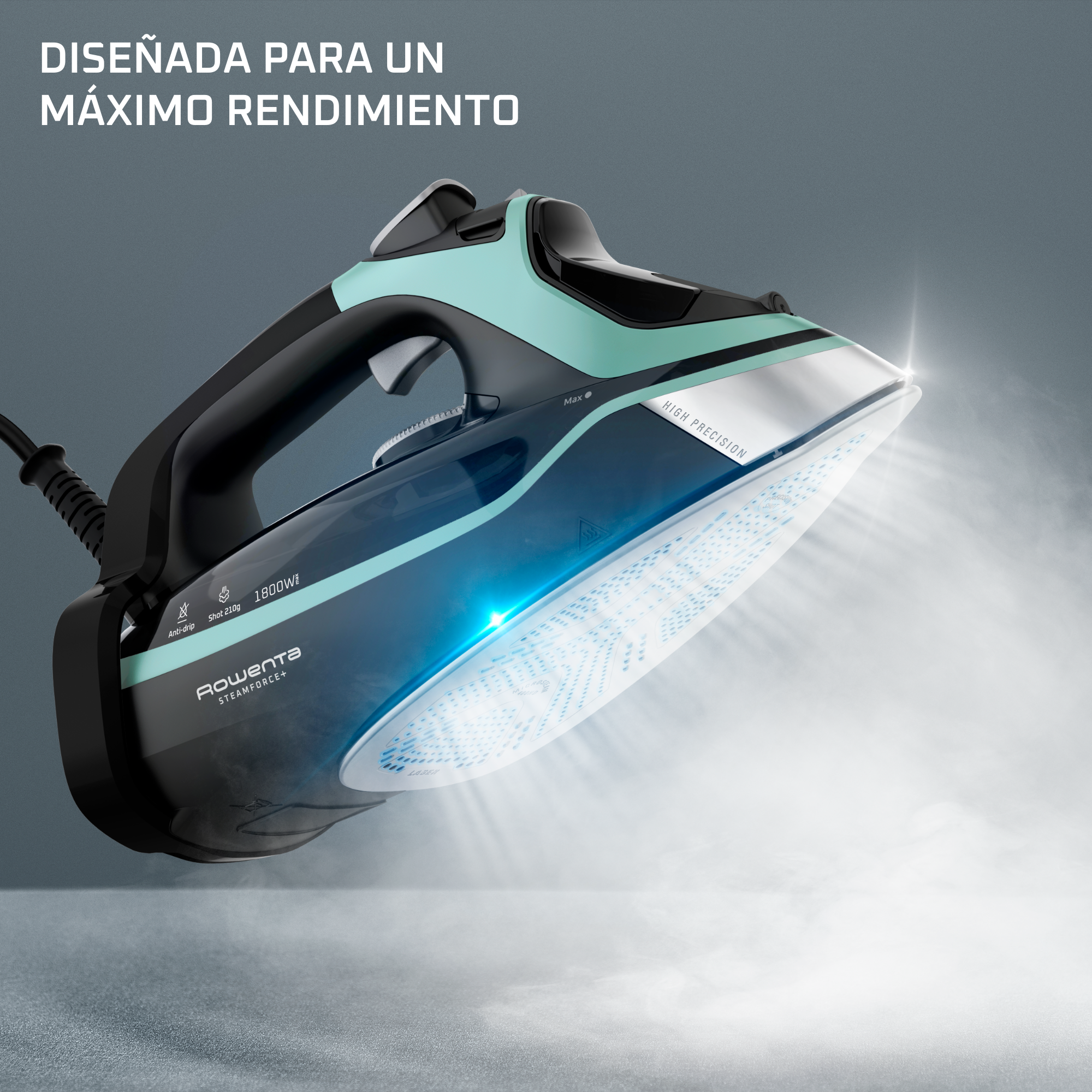 Una plancha de vapor en acción, con vapor y un acento azul.
